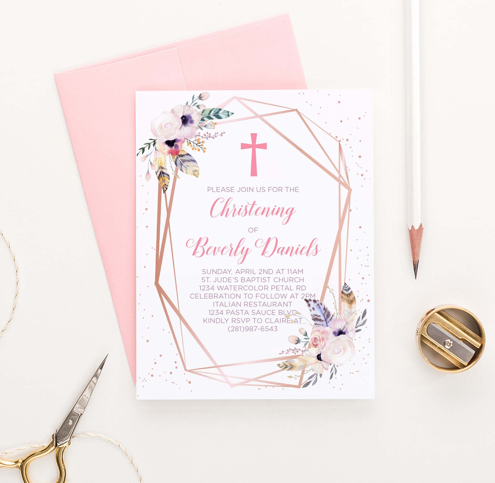 CI011 bohemian rose gold christening invitation personalized rustic feather floral