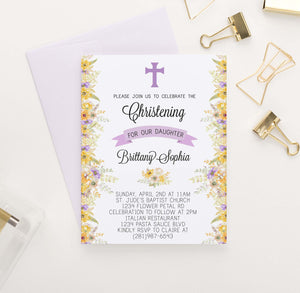 CI014 personalized christening invites with yellow and purple florals elegant 1