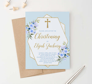 CI018 blueand gold christening invites for boys florals flowers glitter