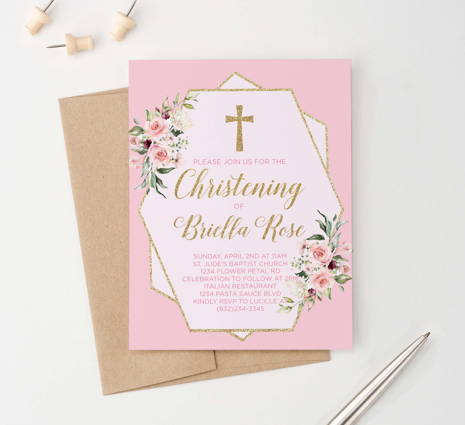 CI019 pink and gold christening invite with florals girls elegant glitter 1