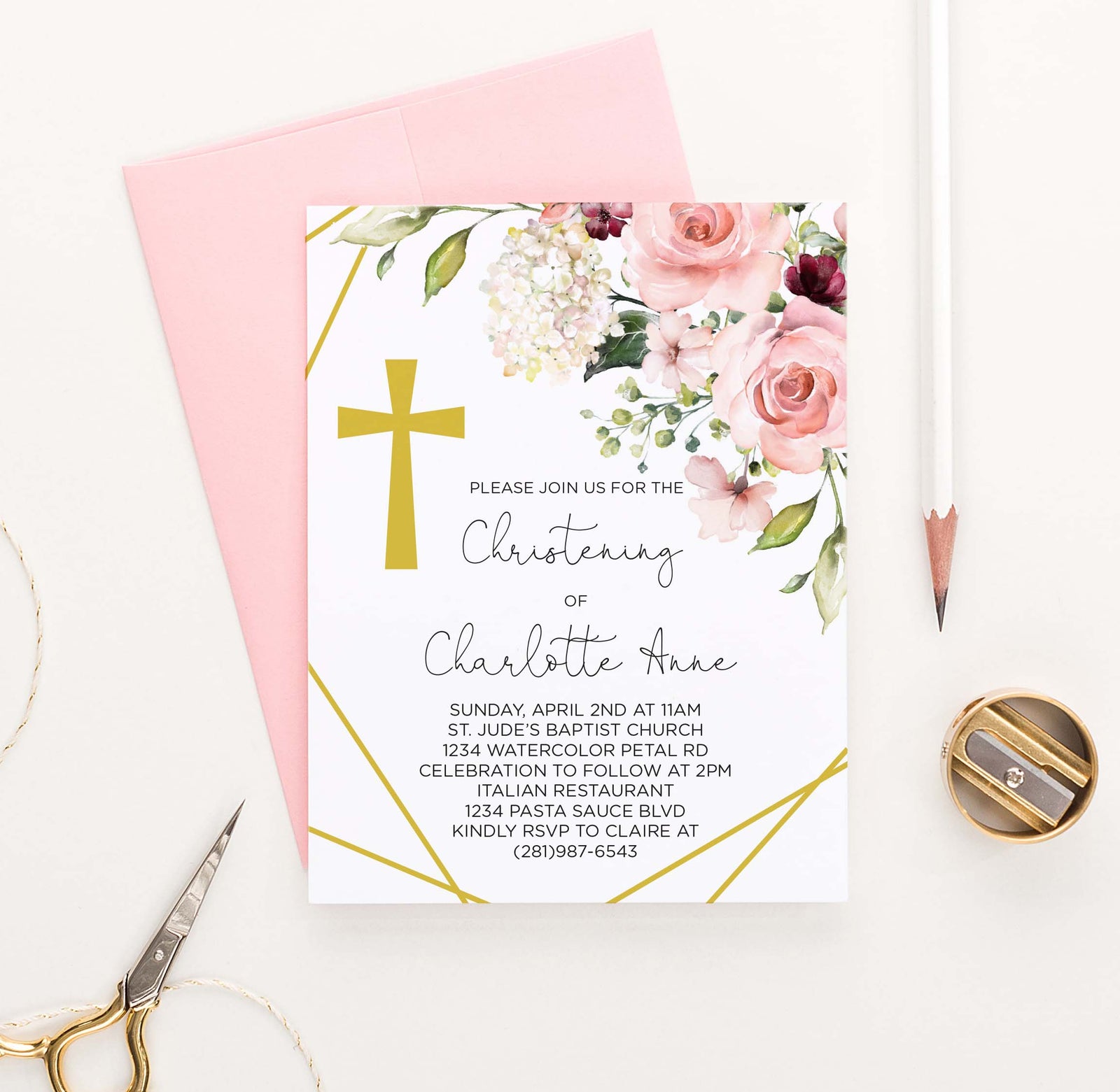 CI029 floral corner christening invites with gold cross florals flower 1