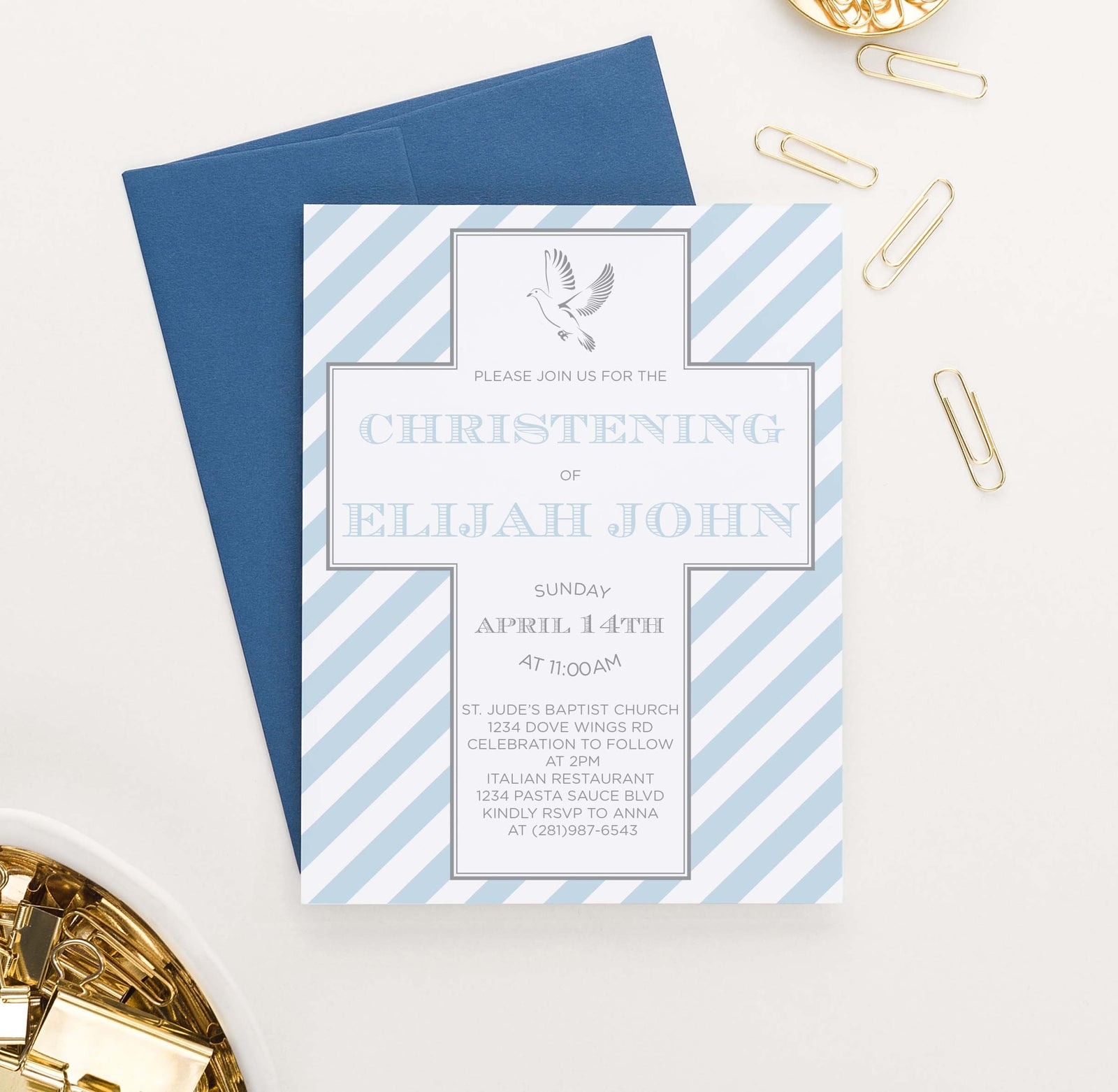 CI036 blue striped christening invites with cross dove boy 1