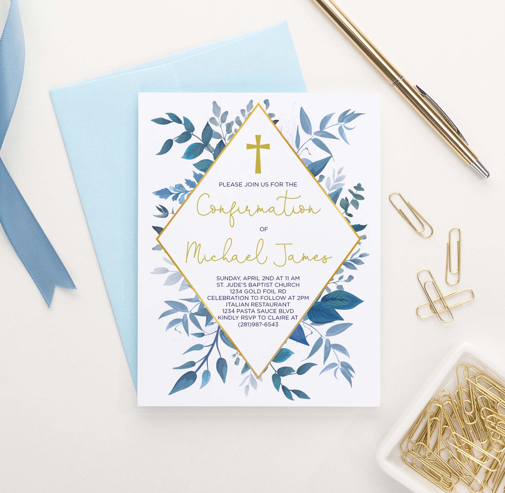 Personalized Gold Elegant Confirmation Invite Card With Blue Greenery ...