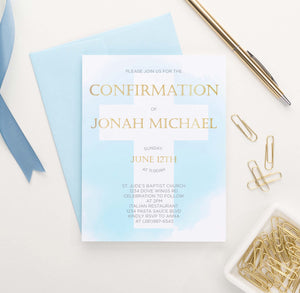 CONI007 personalized blue watercolor confirmation invites for boys cross simple
