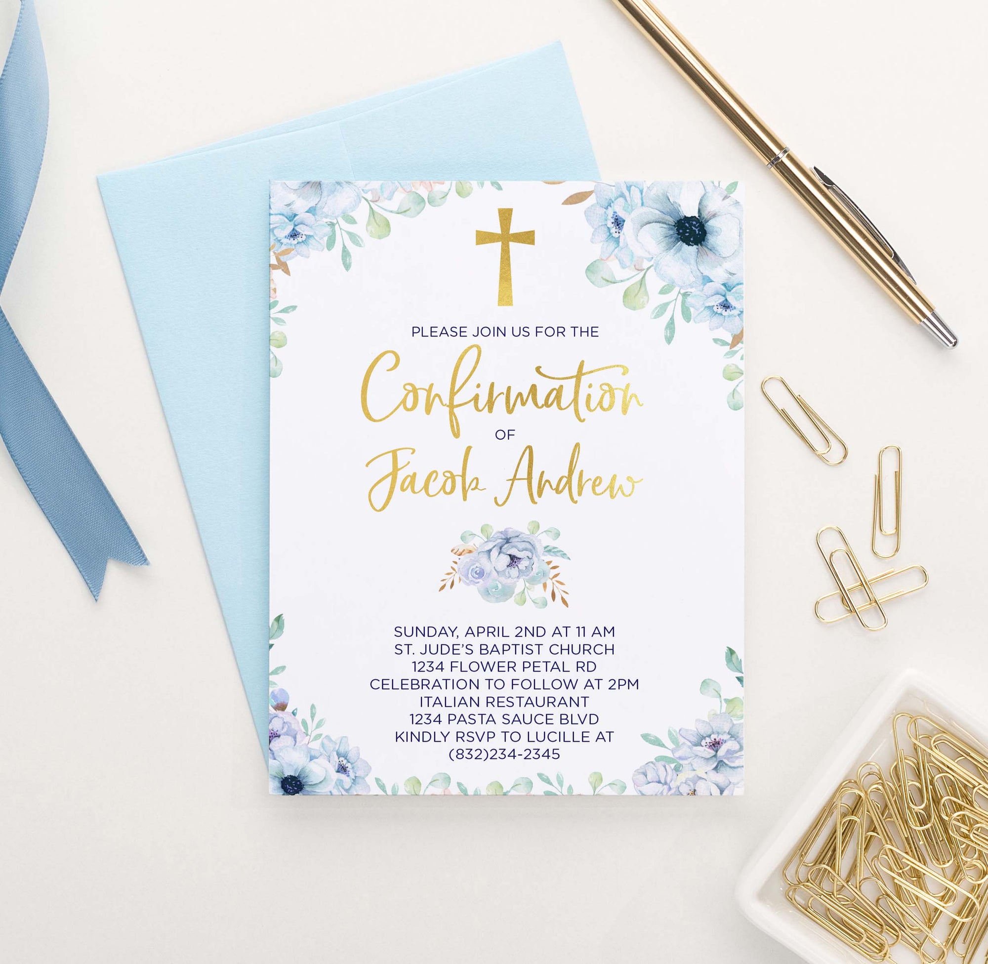 CONI009 boys blue floral confirmation invite set gold cross elegant