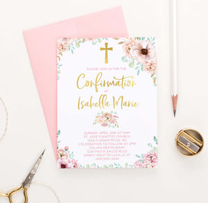 CONI010 girls elegant pink floral confirmation invites personalized elegant gold cross