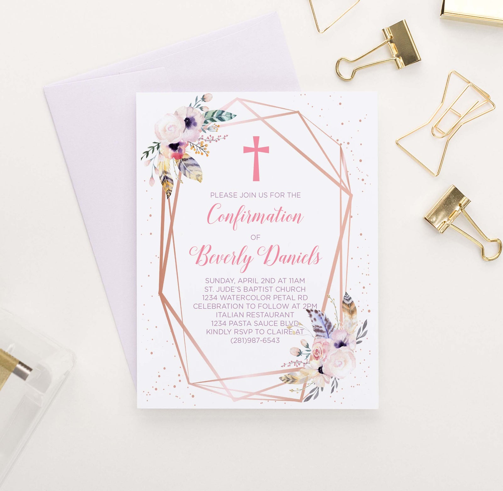 CONI011 rose gold bohemian floral confirmation invites personalized rustic