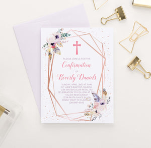 CONI011 rose gold bohemian floral confirmation invites personalized rustic 1