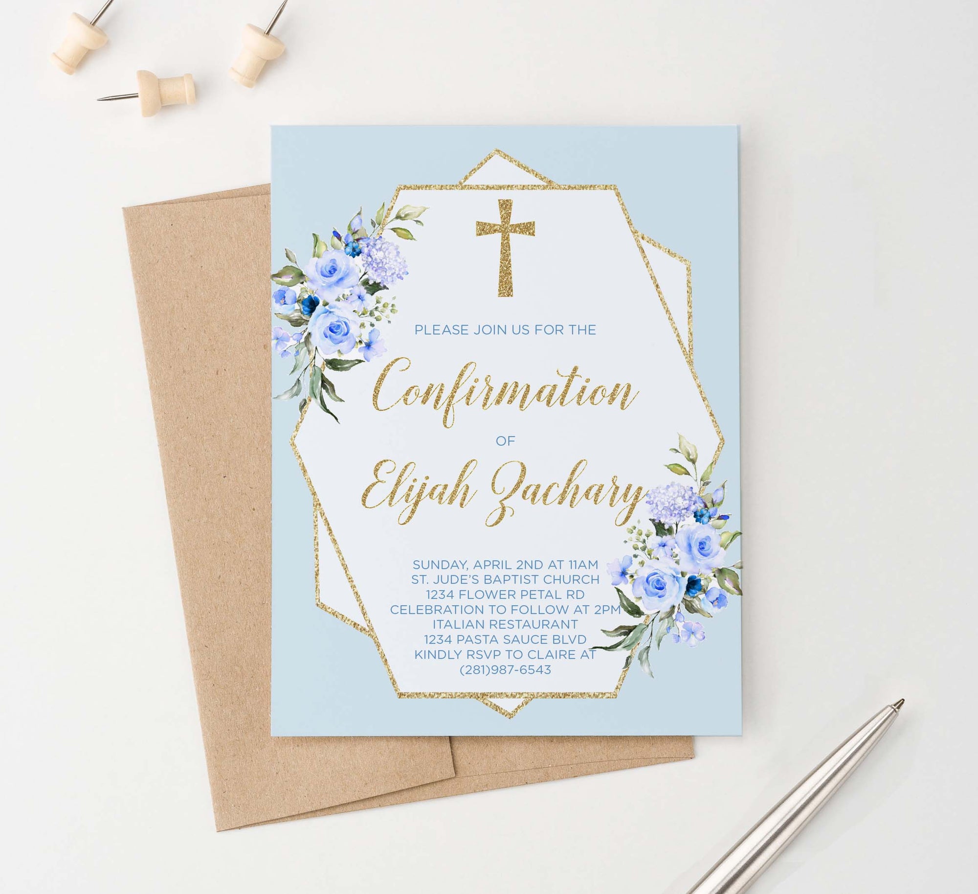 CONI018 elegant blue and gold confirmation invites for boys glitter geometric 1