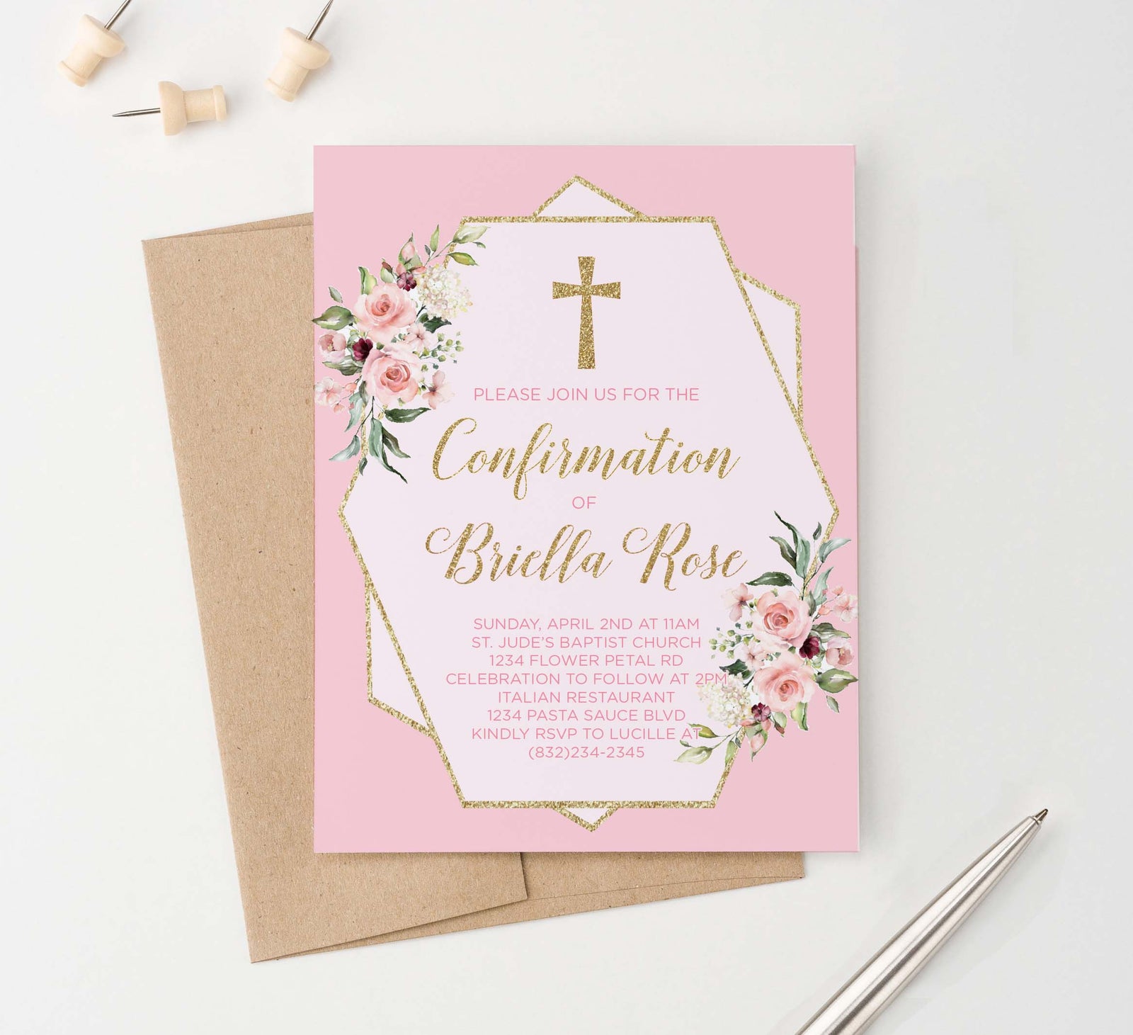CONI019 elegant pink and gold confirmation invites for girls florals flowers glitter 1