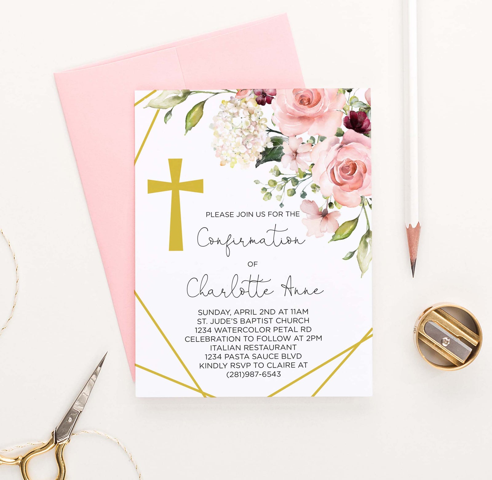 CONI029 floral corner confirmation invites with gold cross elegant modern