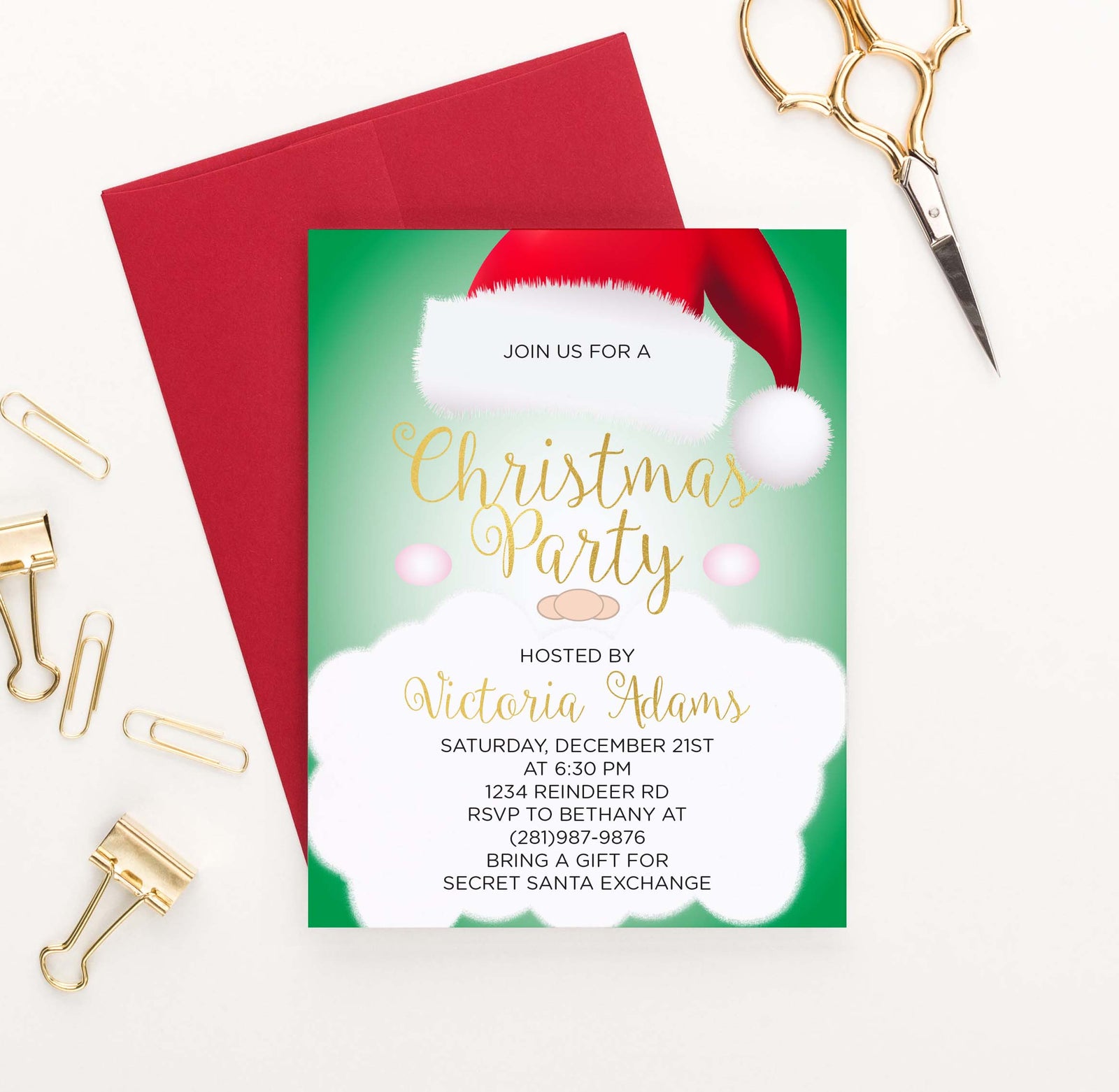 CPI001 santa clause christmas party invitation personalized green gold holiday