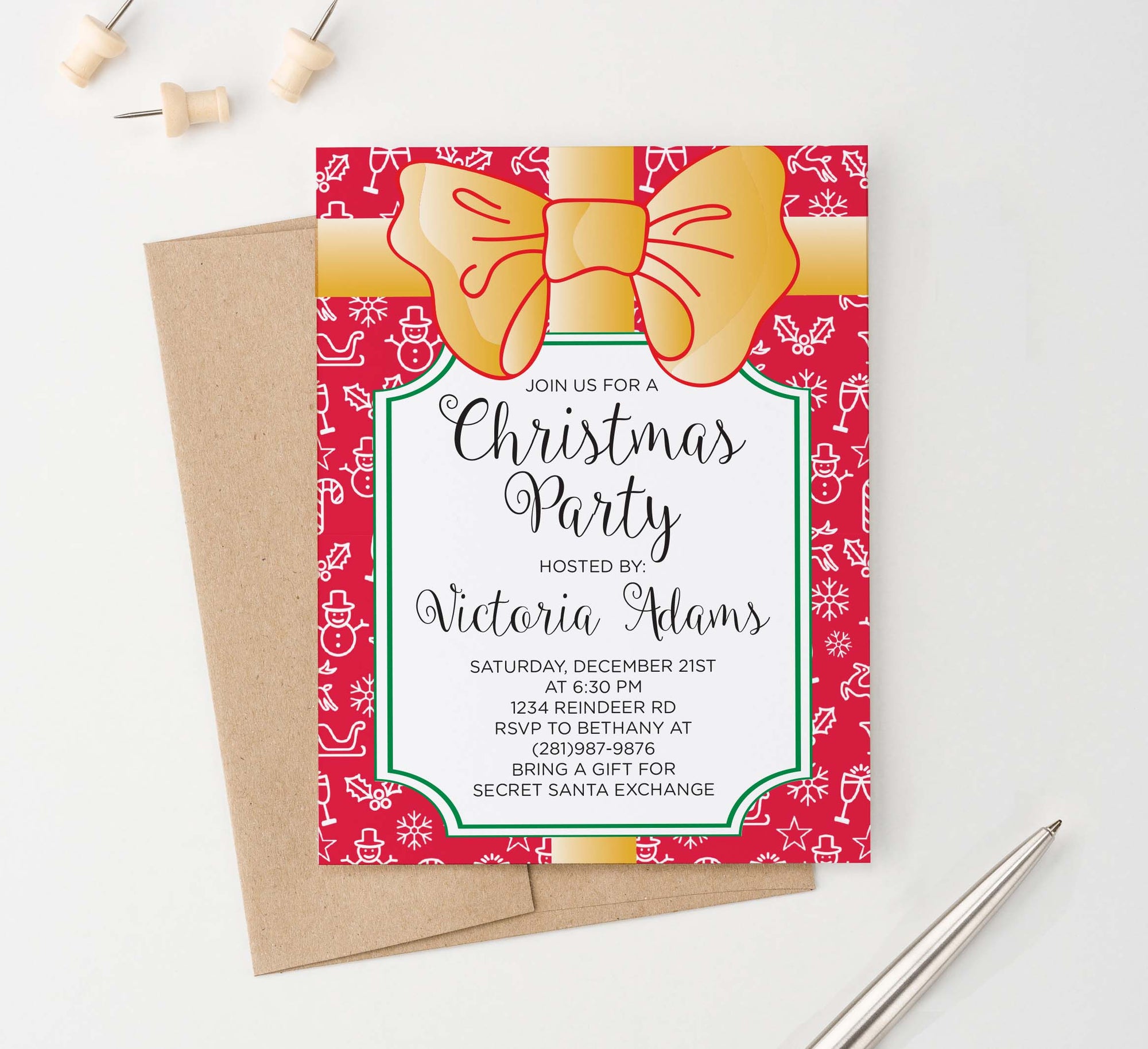 CPI003 red present christmas party invite personalized gold bow gift wrapped 2