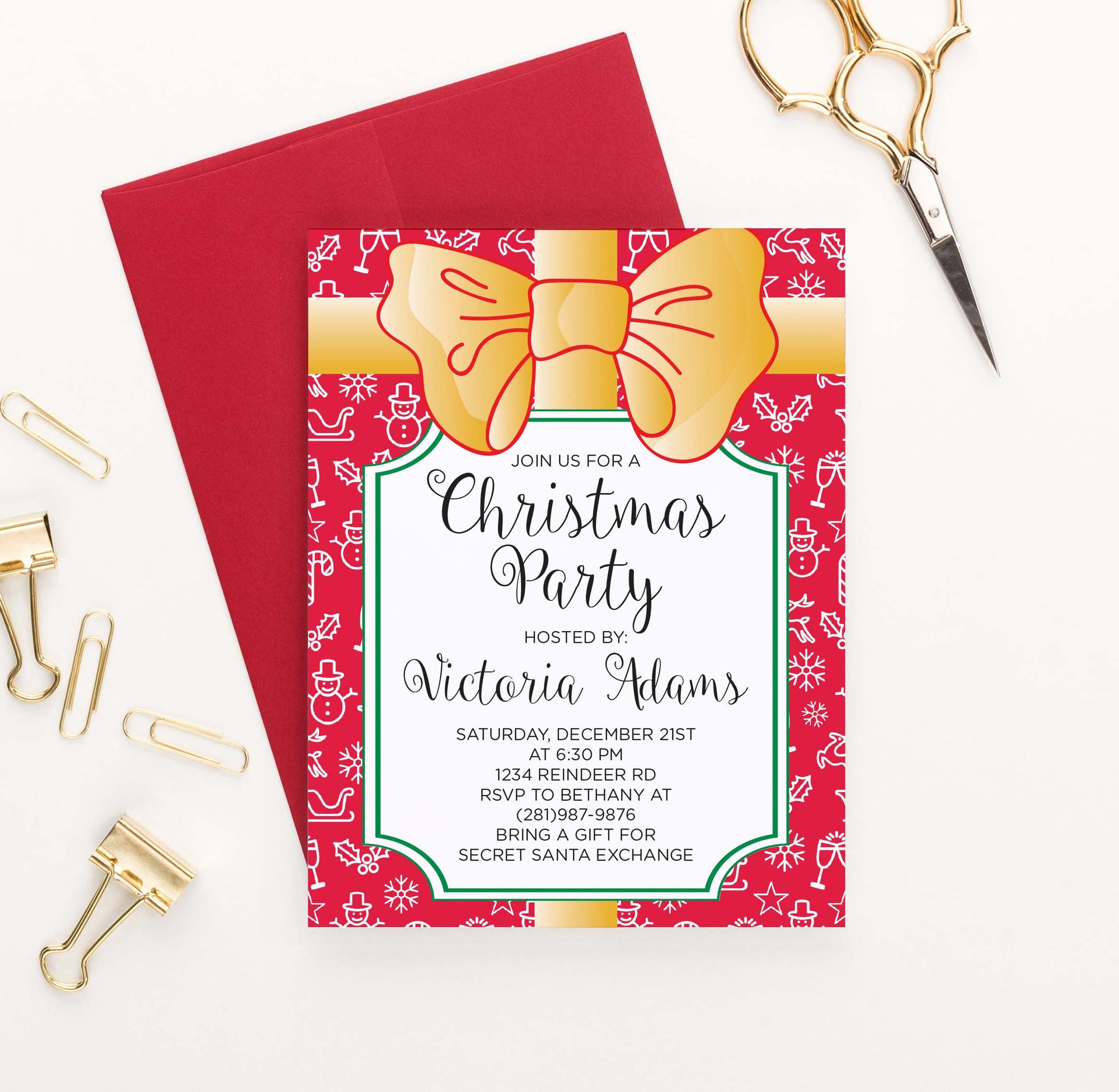 CPI003 red present christmas party invite personalized gold bow gift wrapped 2