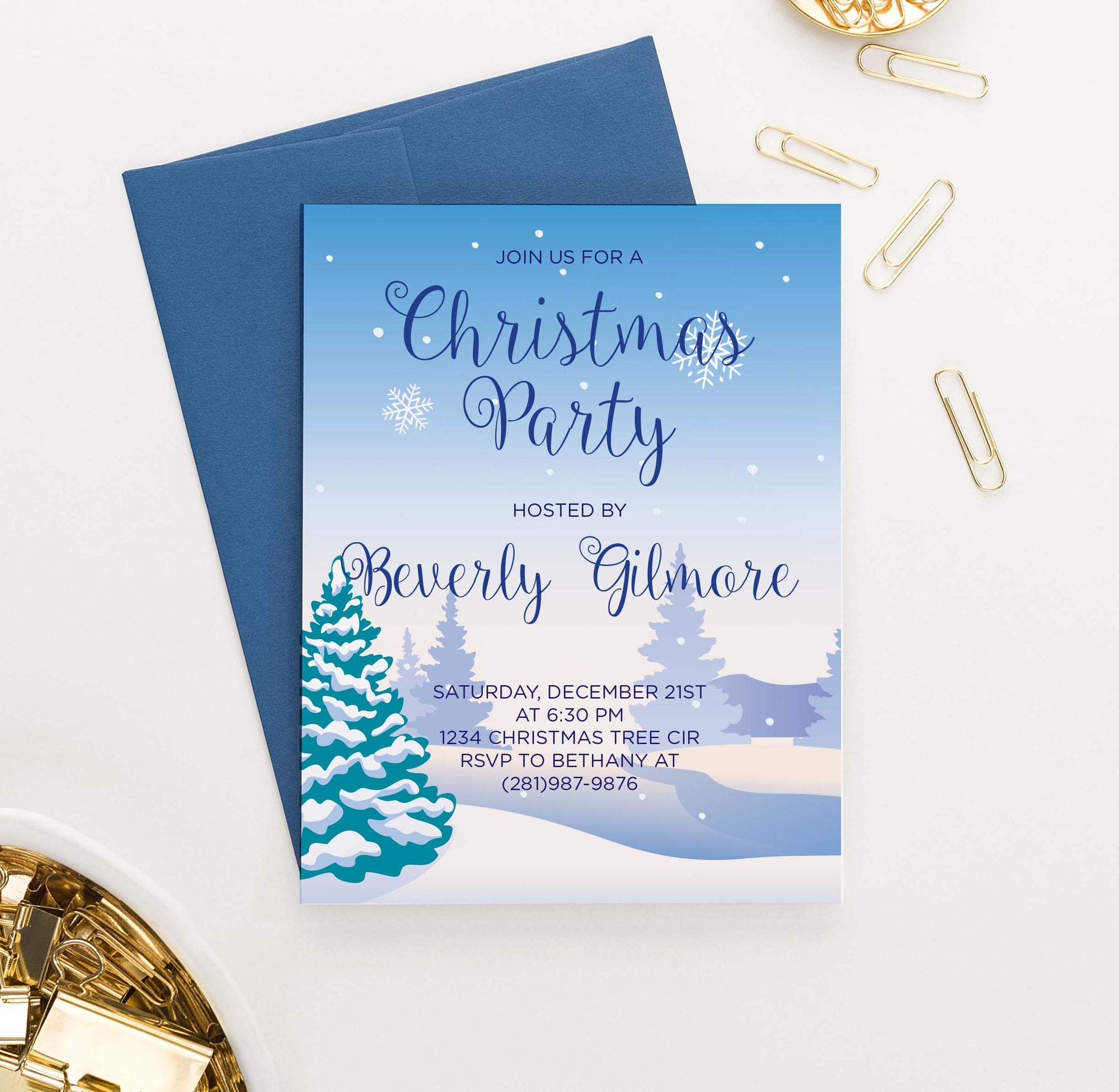CPI004 snow personalized holiday party invitation with pine trees snowflakes landscape 2