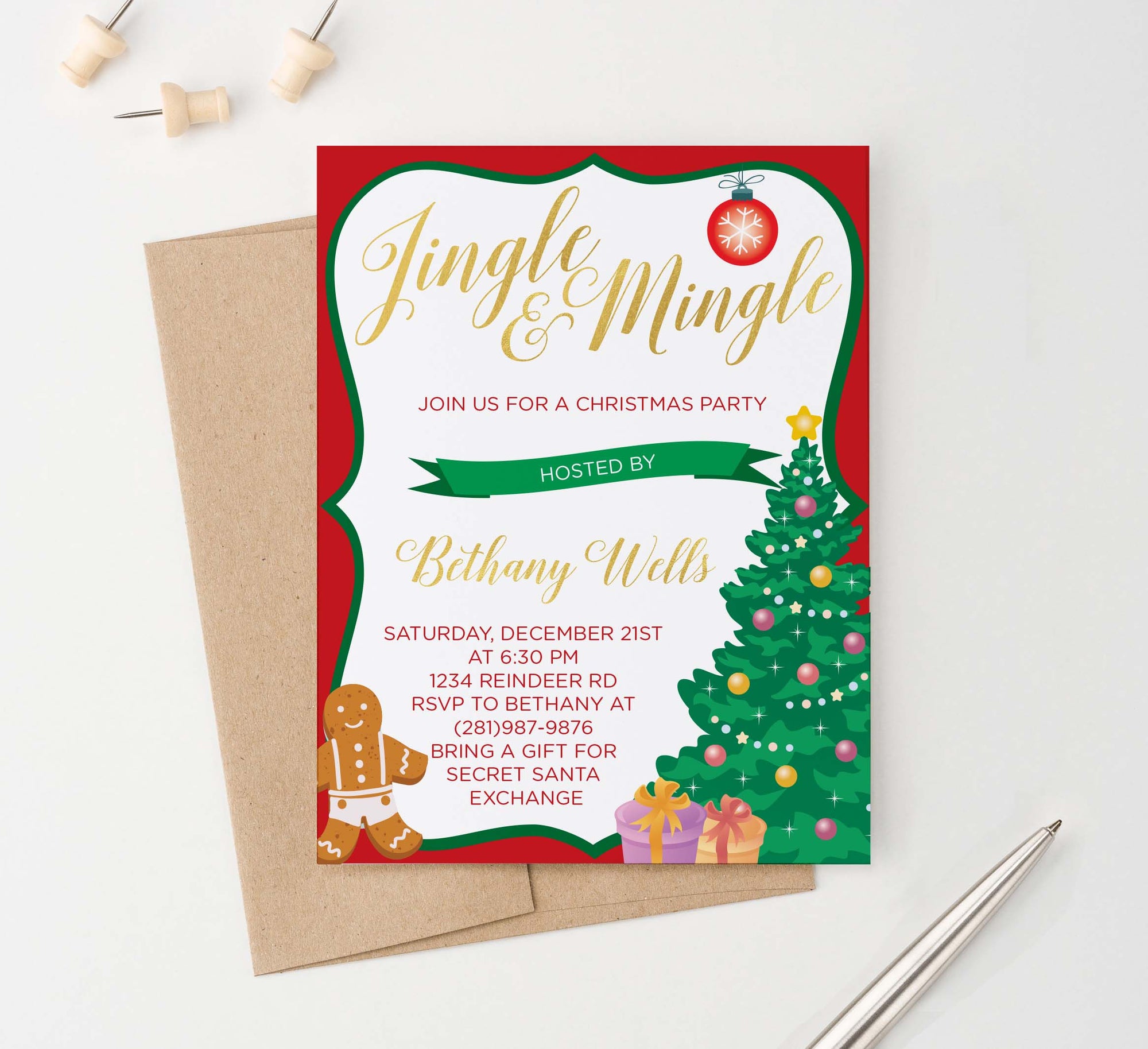 CPI005 jingle and mingle personalized christmas party invitation gingerbread tree