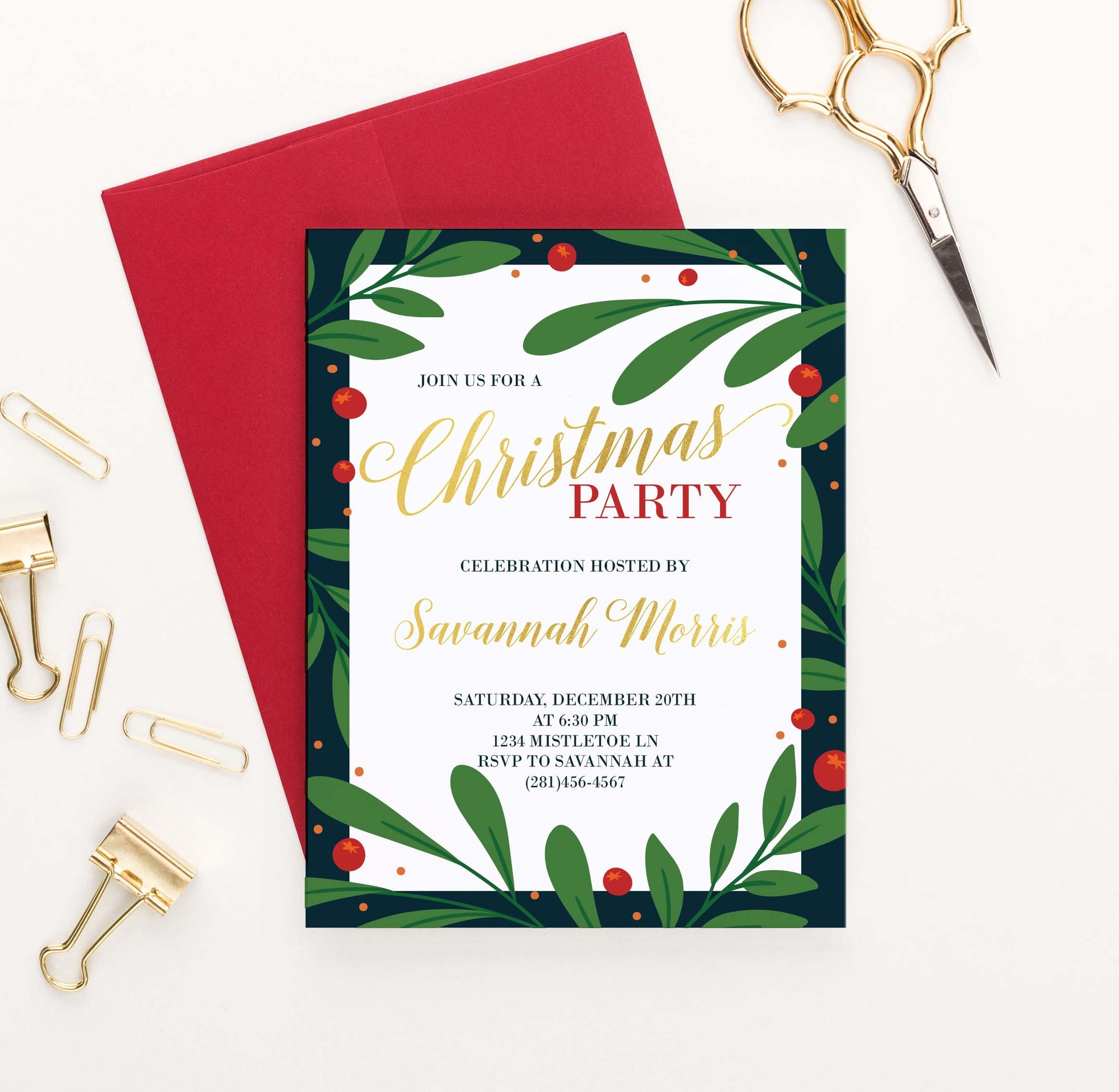 CPI006 elegant holly framed holiday party invitations personalized christmas merry