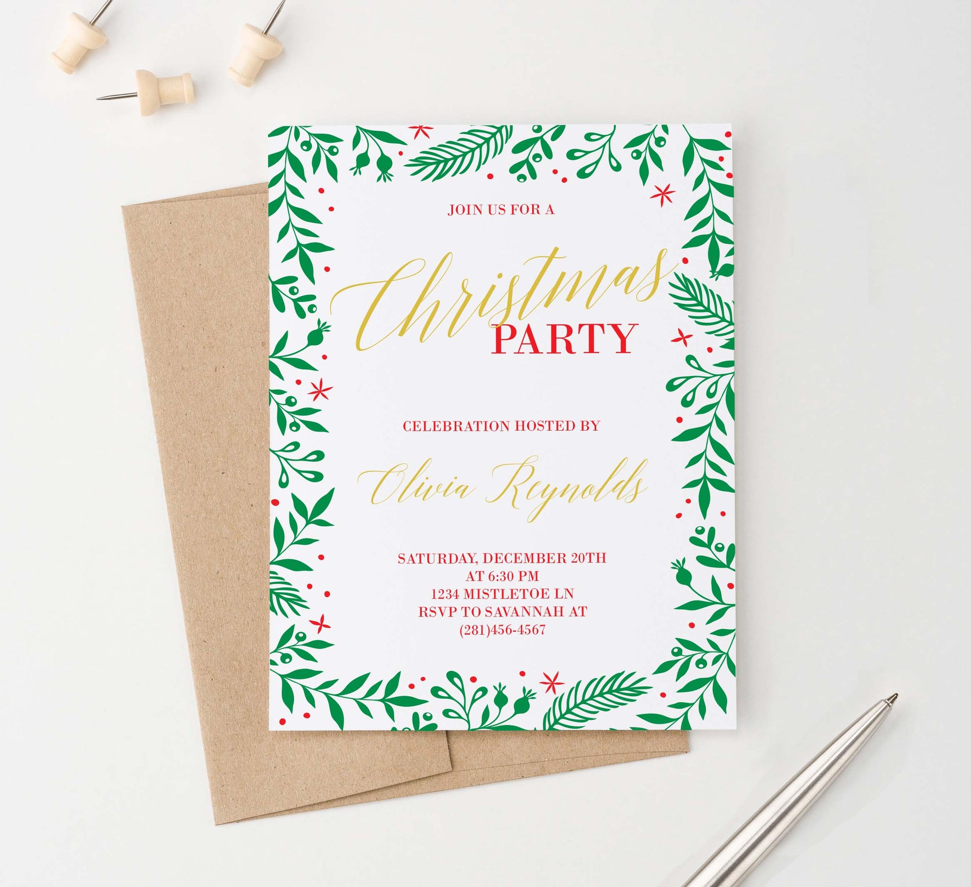 CPI007 red and gold christmas party invitation with holly border elegant holiday