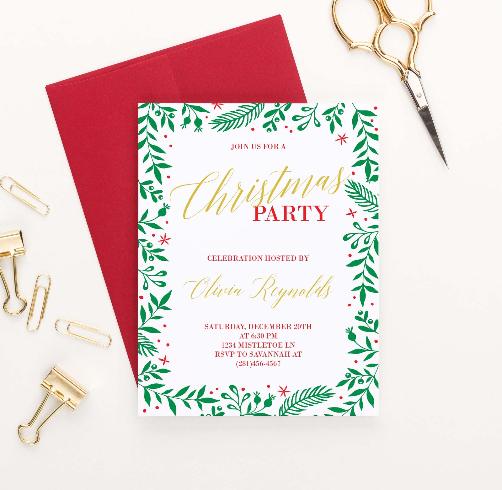 CPI007 red and gold christmas party invitation with holly border elegant holiday