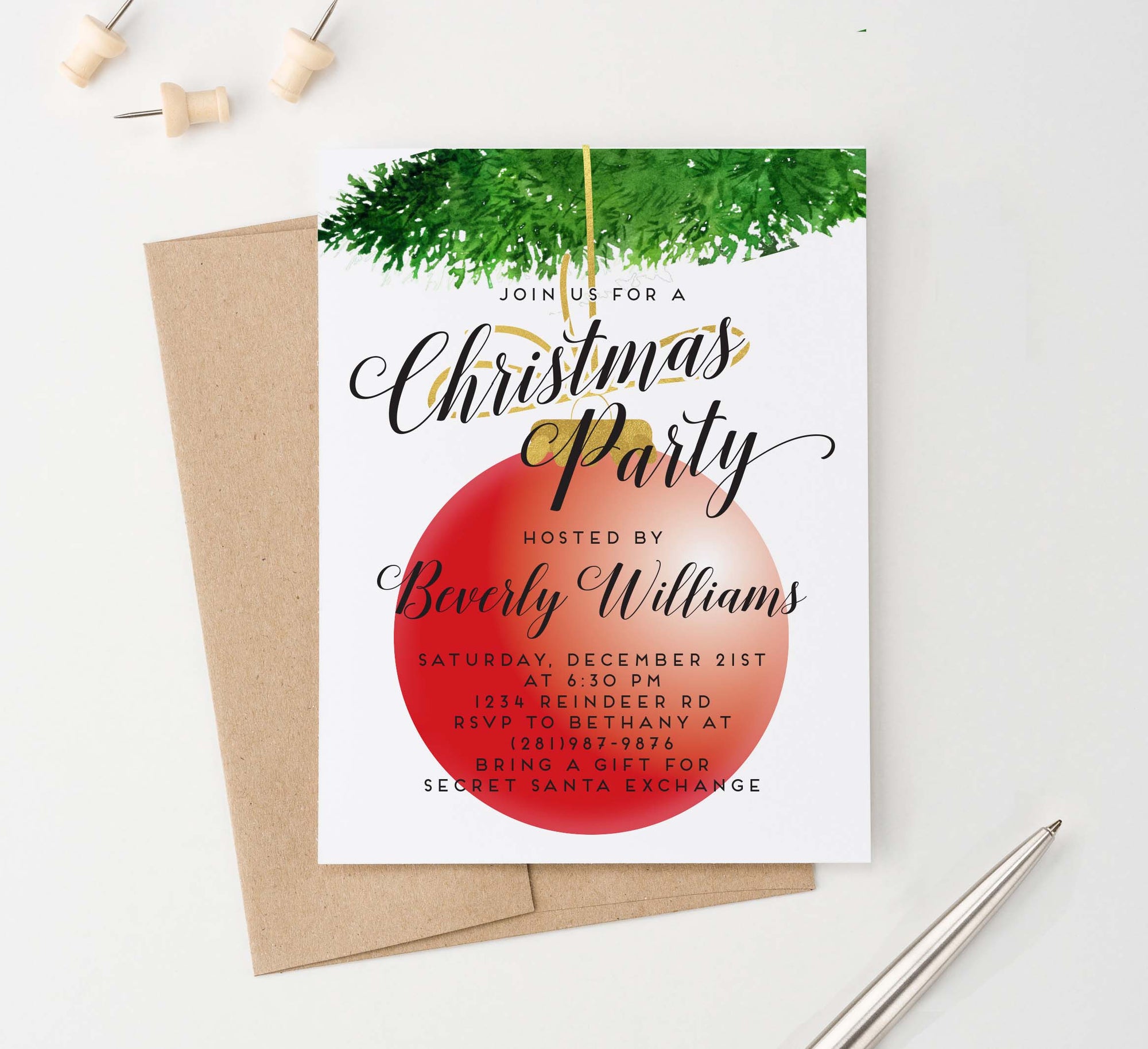 CPI011 red ornament personalized christmas party invites pine