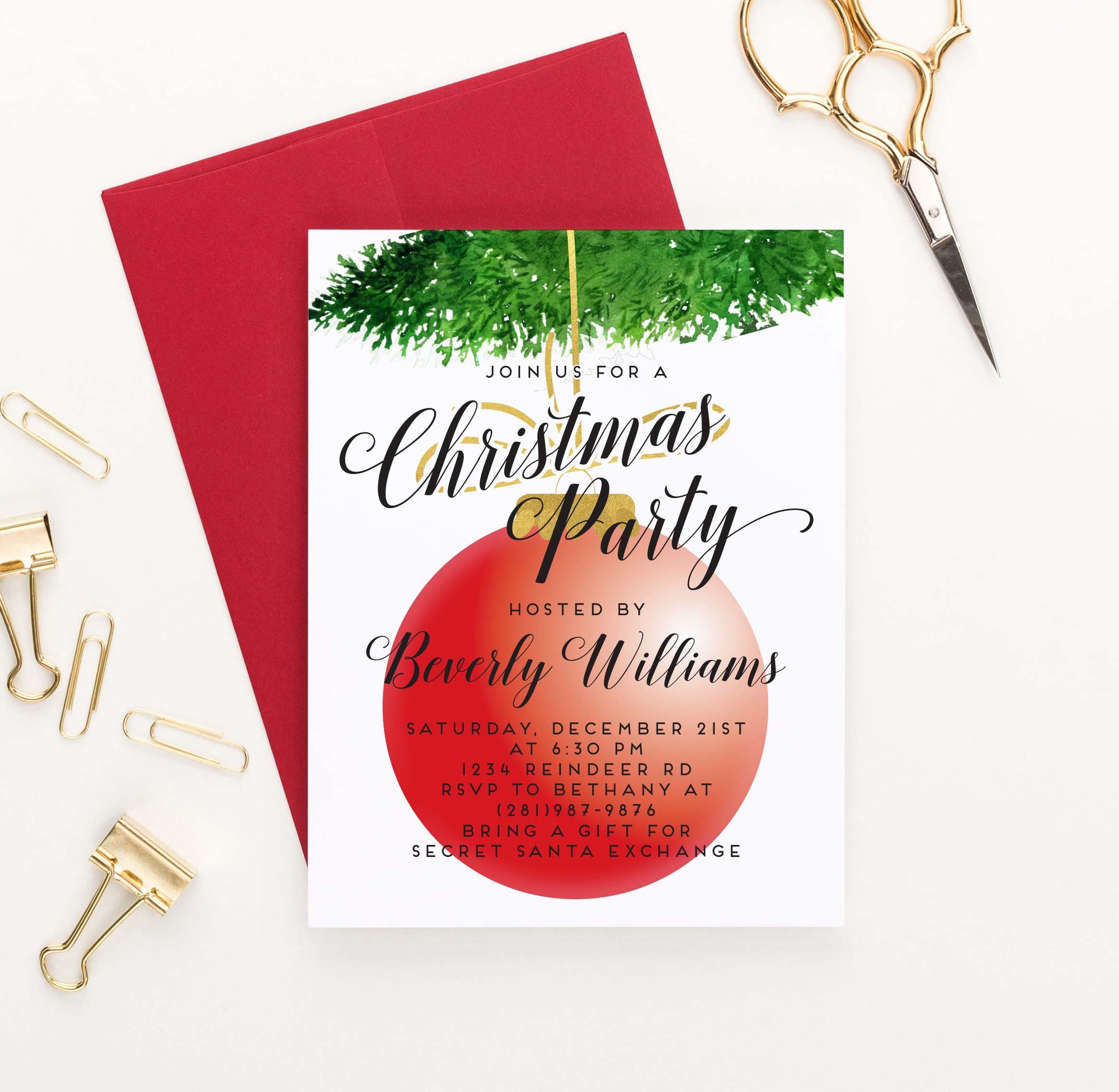 CPI011 red ornament personalized christmas party invites pine