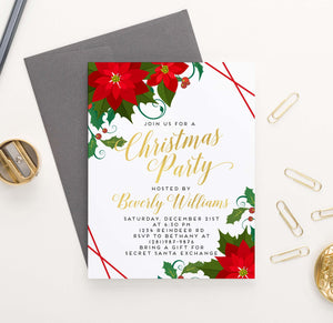 CPI012 elegant holiday party invitation with poinsettas gold lines 2