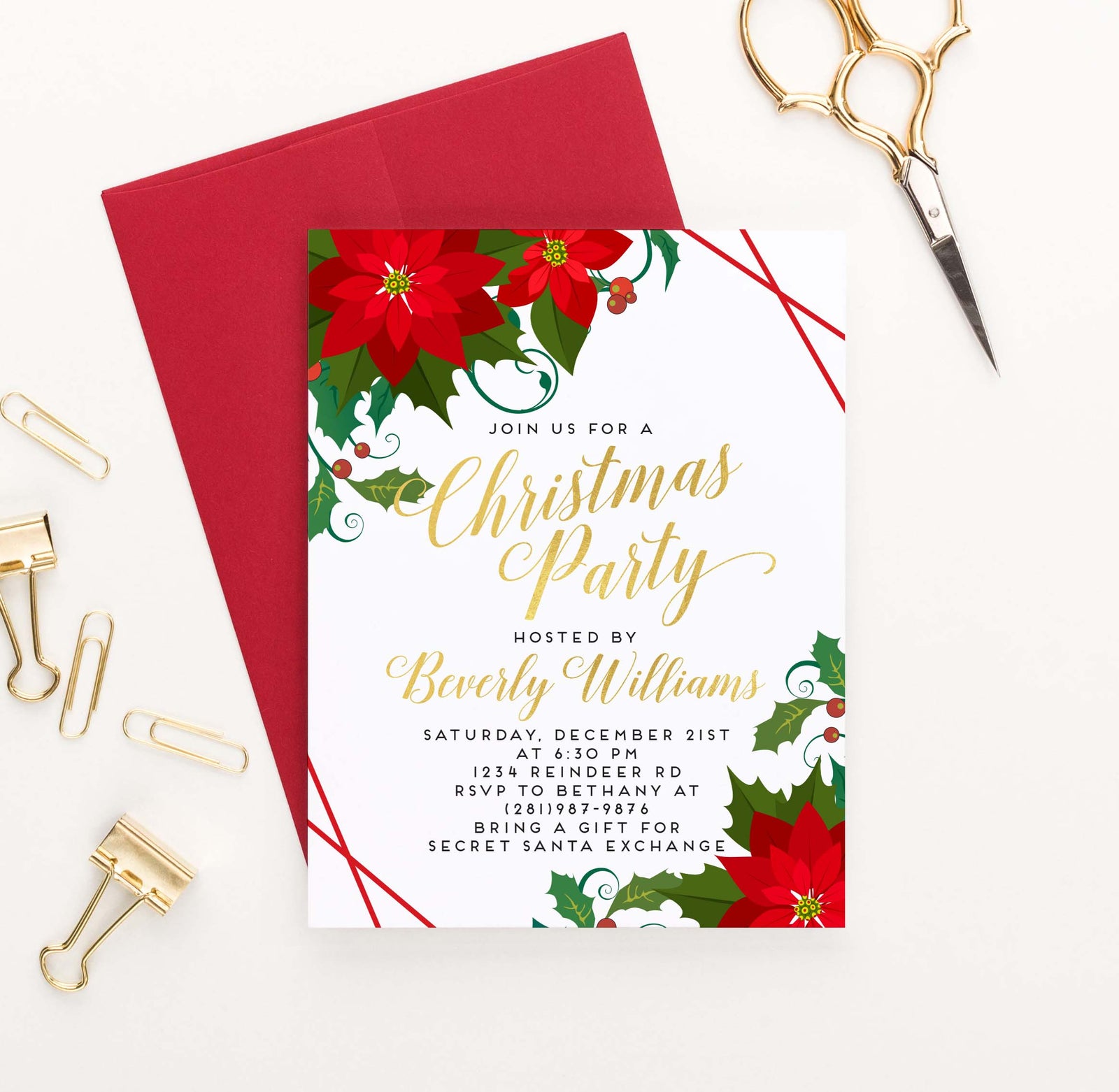 CPI012 elegant holiday party invitation with poinsettas gold lines
