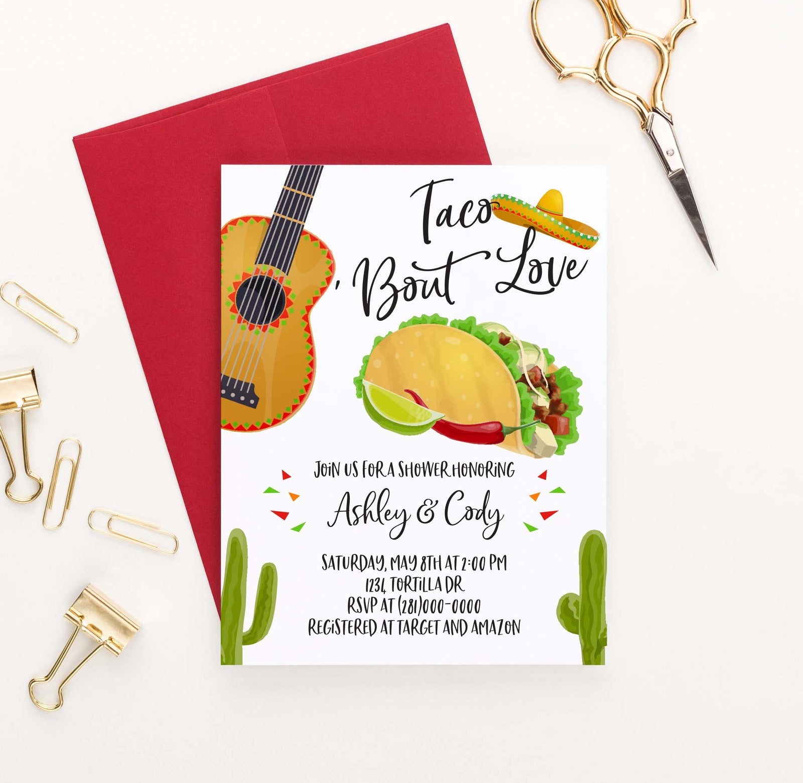 EI014 fiesta engagement party invites with taco cactus guitar
