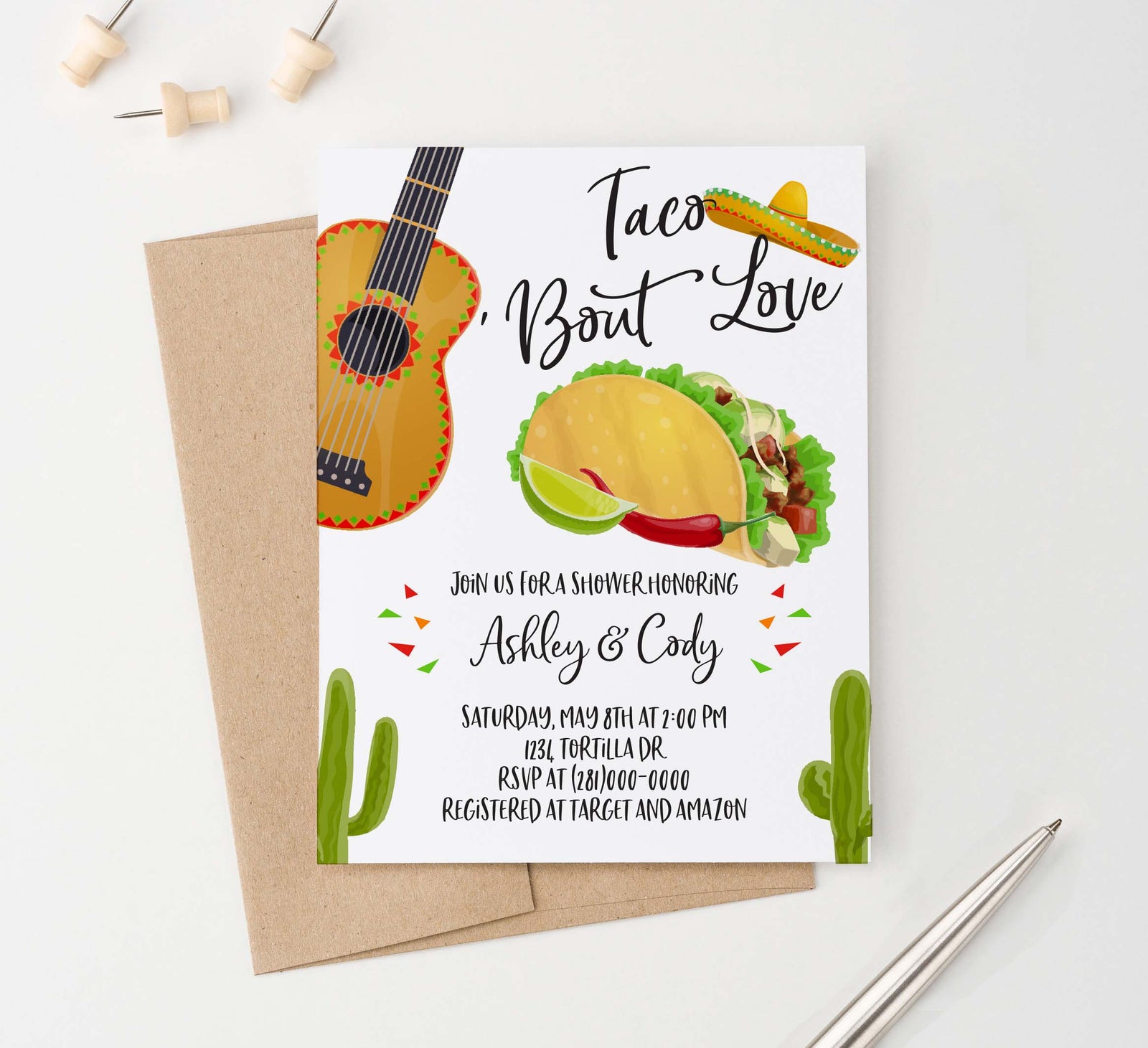 EI014 fiesta engagement party invites with taco cactus guitar