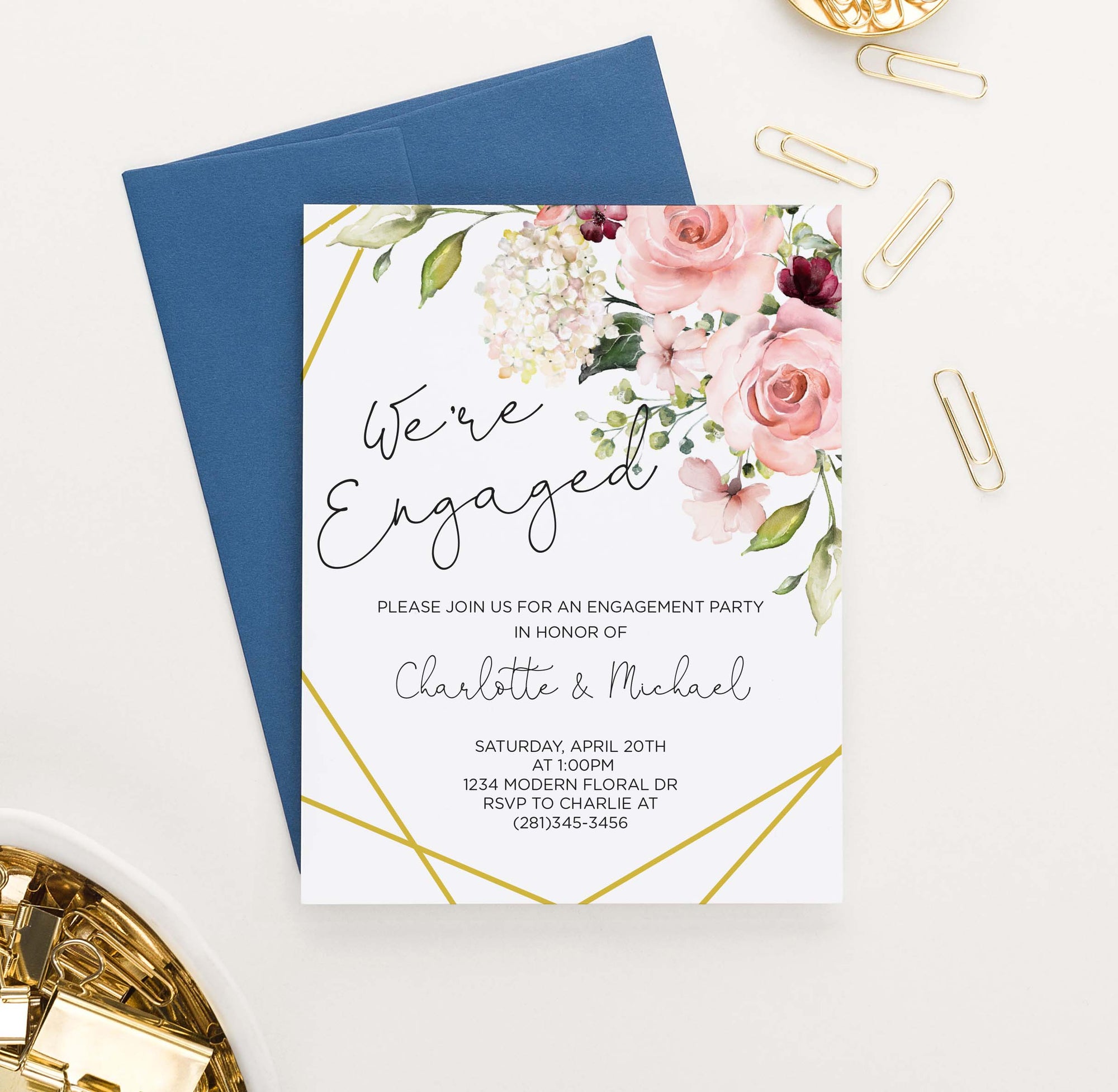 EI026 elegant floral corner engagement party invites personlized flowers gold lines