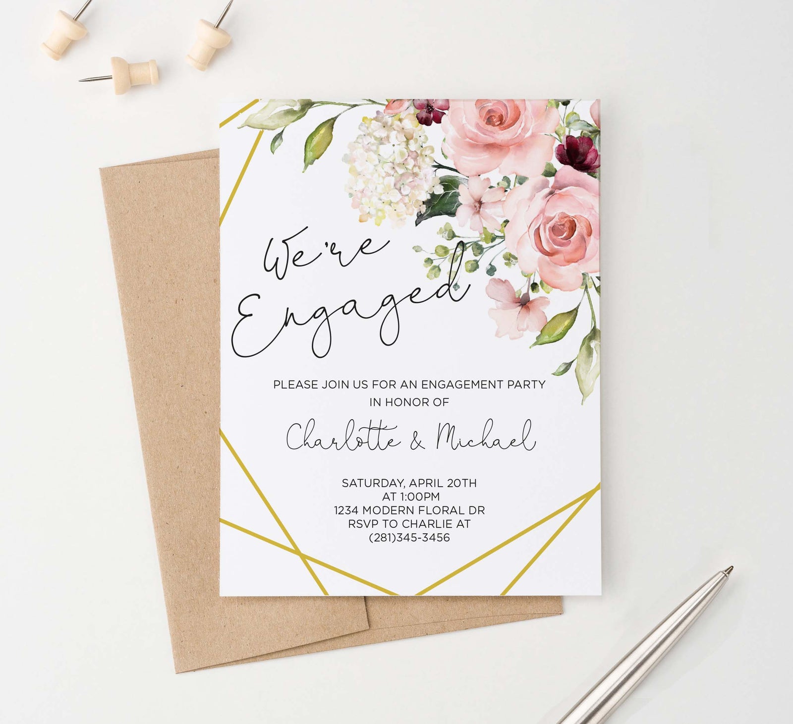 EI026 elegant floral corner engagement party invites personlized flowers gold lines