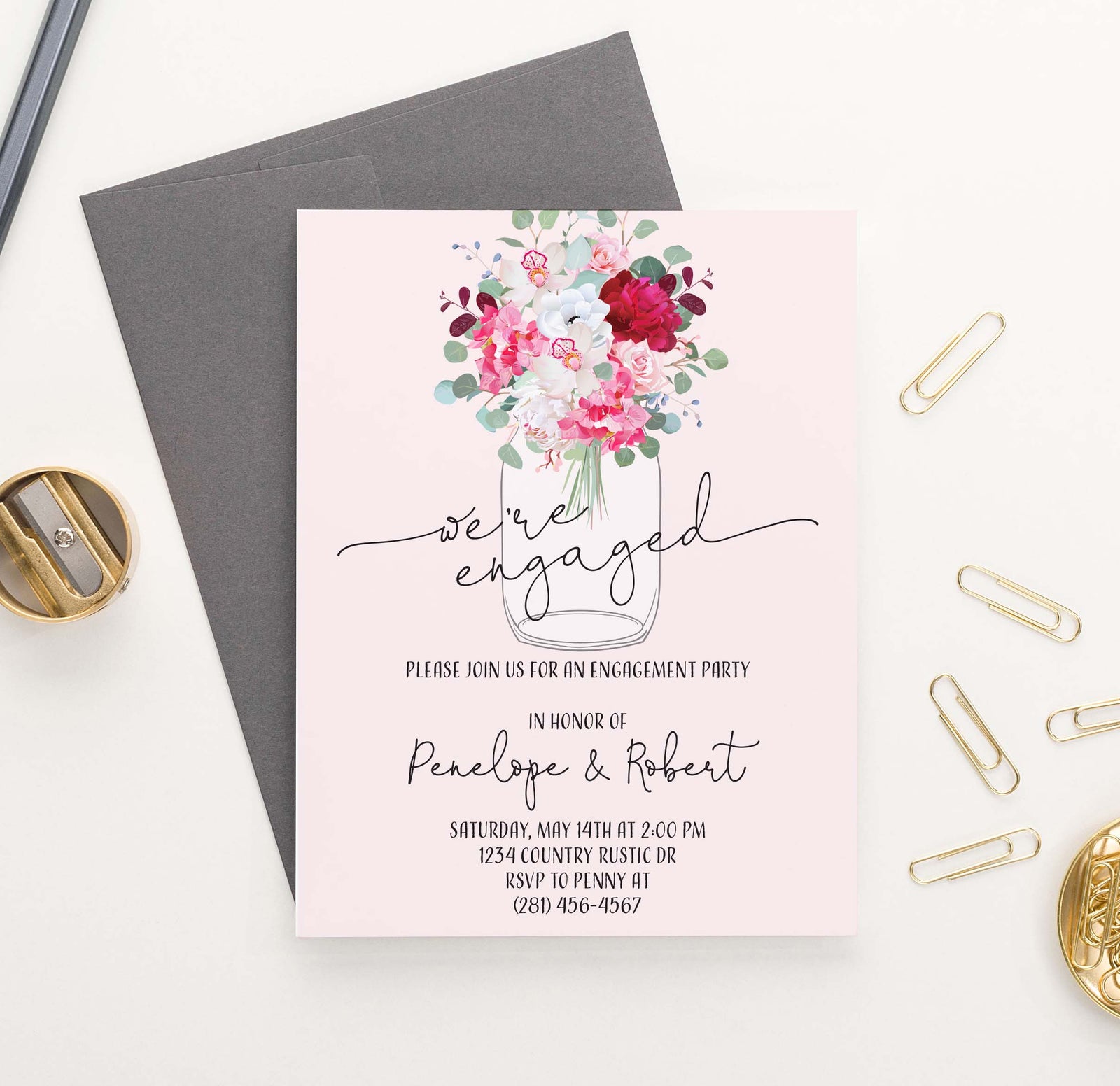 EI027 rustic mason jar  engagement party invites personalized modern floral flowers