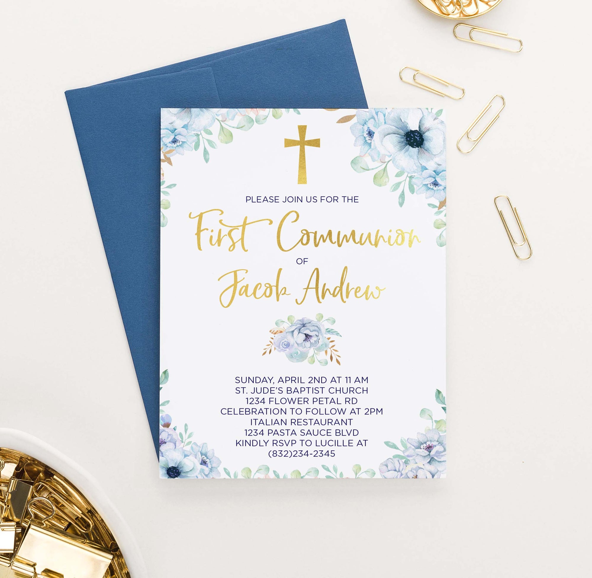 FCI009 personalized first communion invitations with blue florals gold cross elegant