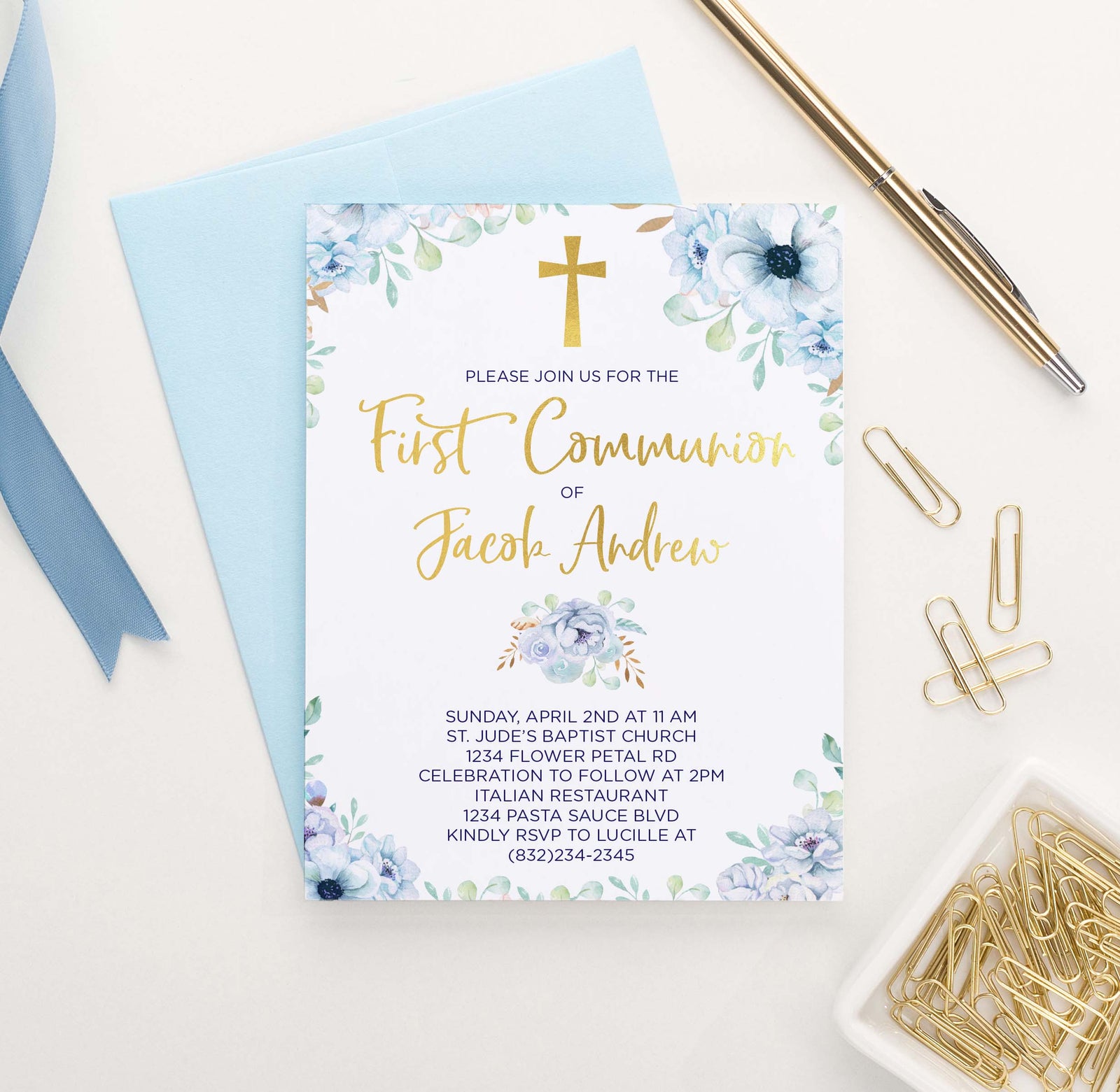 FCI009 personalized first communion invitations with blue florals gold cross elegant