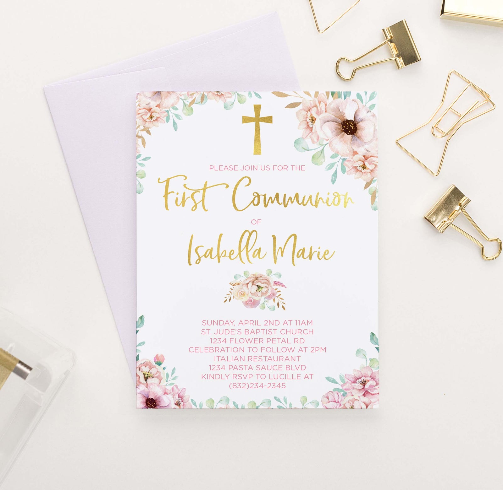 FCI010 pink floral and gold first communion invitations for girls rustic elegant
