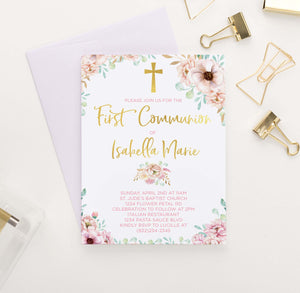 FCI010 pink floral and gold first communion invitations for girls rustic elegant 1
