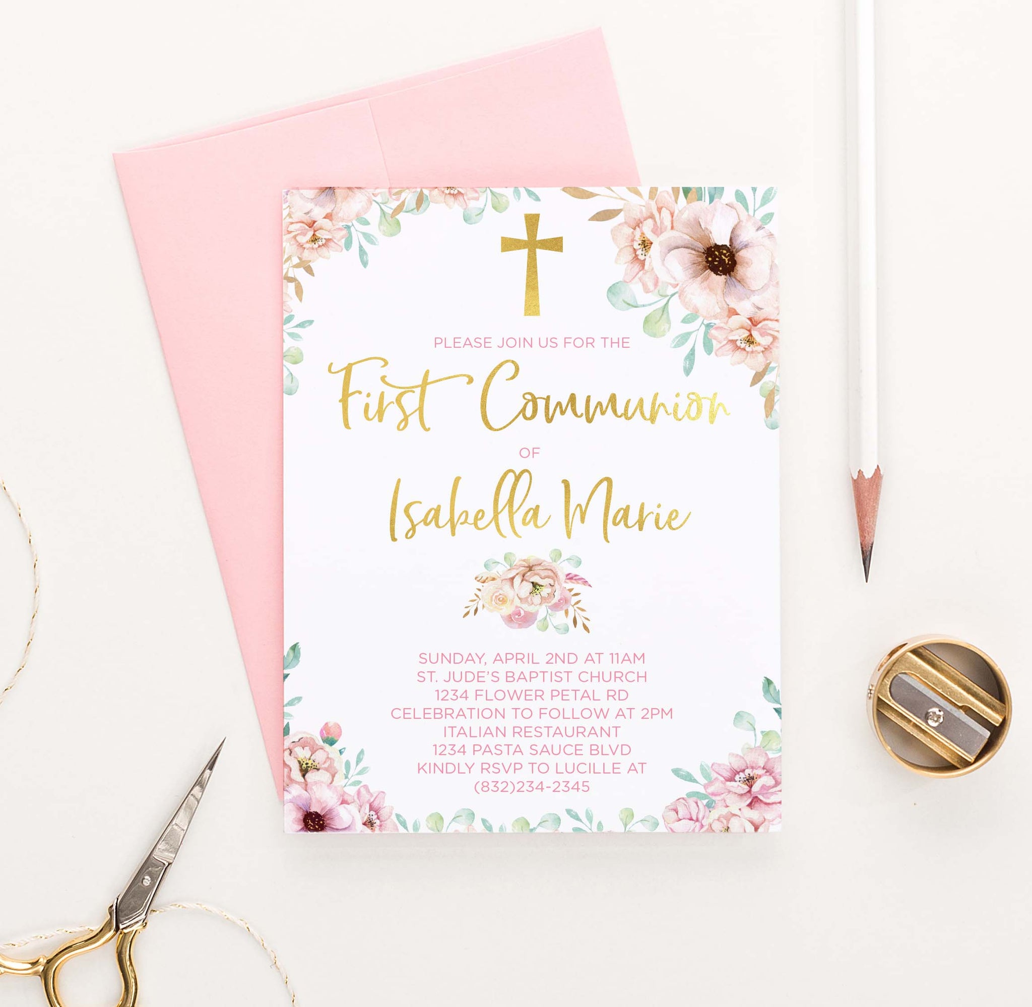 Elegant First Communion Invitations For Girls Pink Roses Watercolor