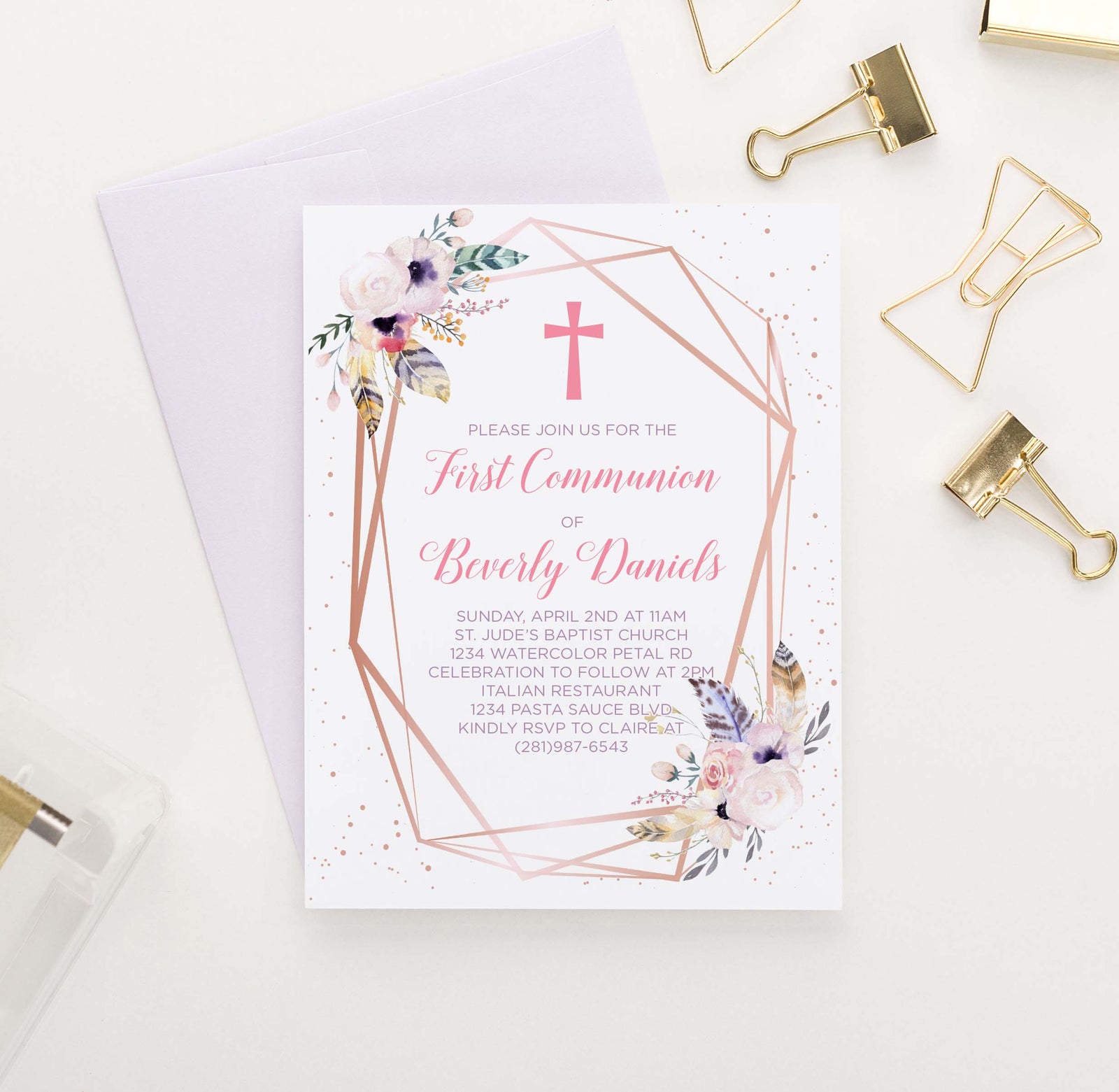 FCI011 bohemian floral first communion invitations rose gold rustic feather florals