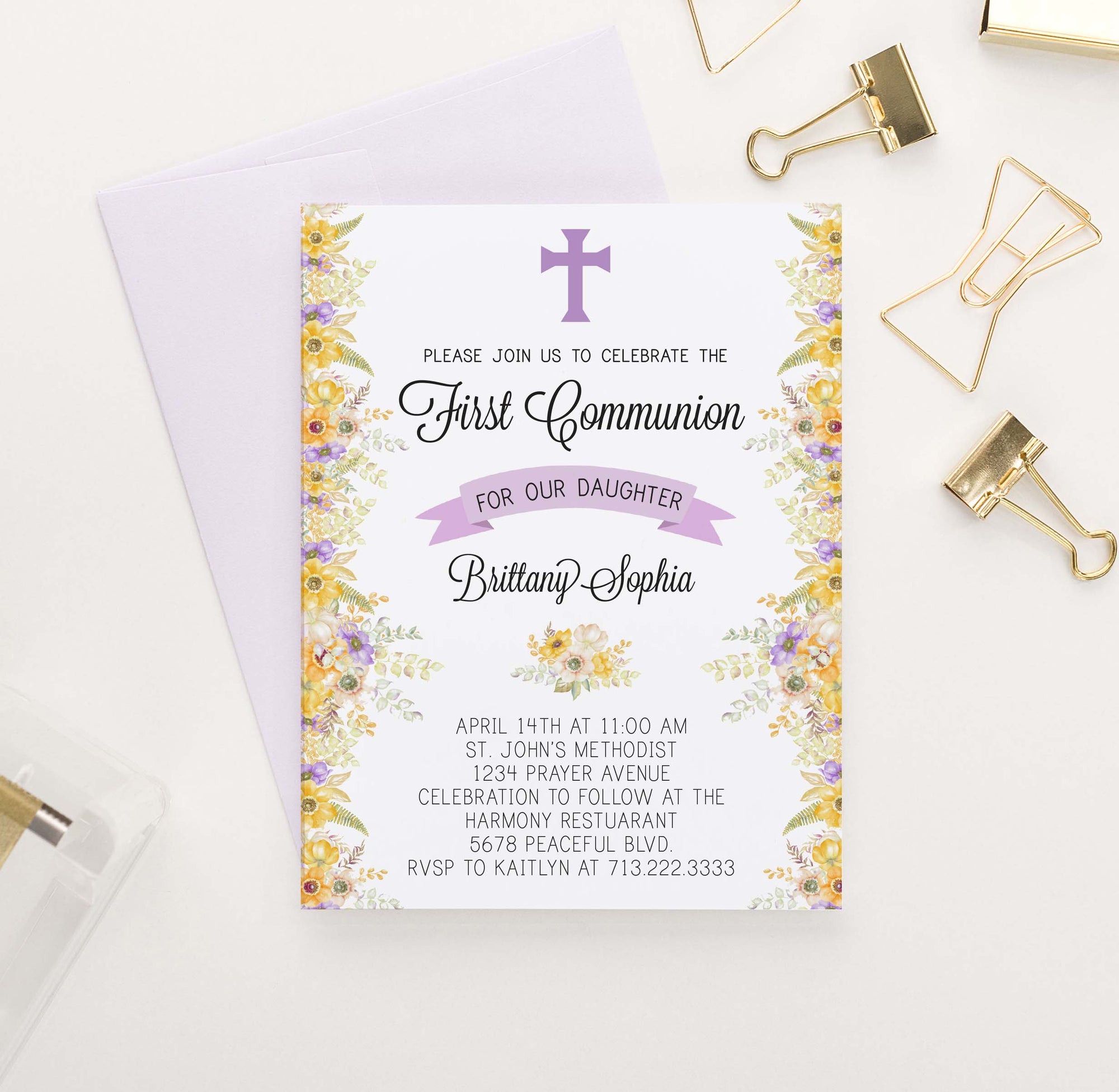 FCI014 personalized first communion invitations with yellow and purple florals flowers elegant 
