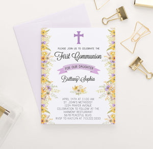 FCI014 personalized first communion invitations with yellow and purple florals flowers elegant  1
