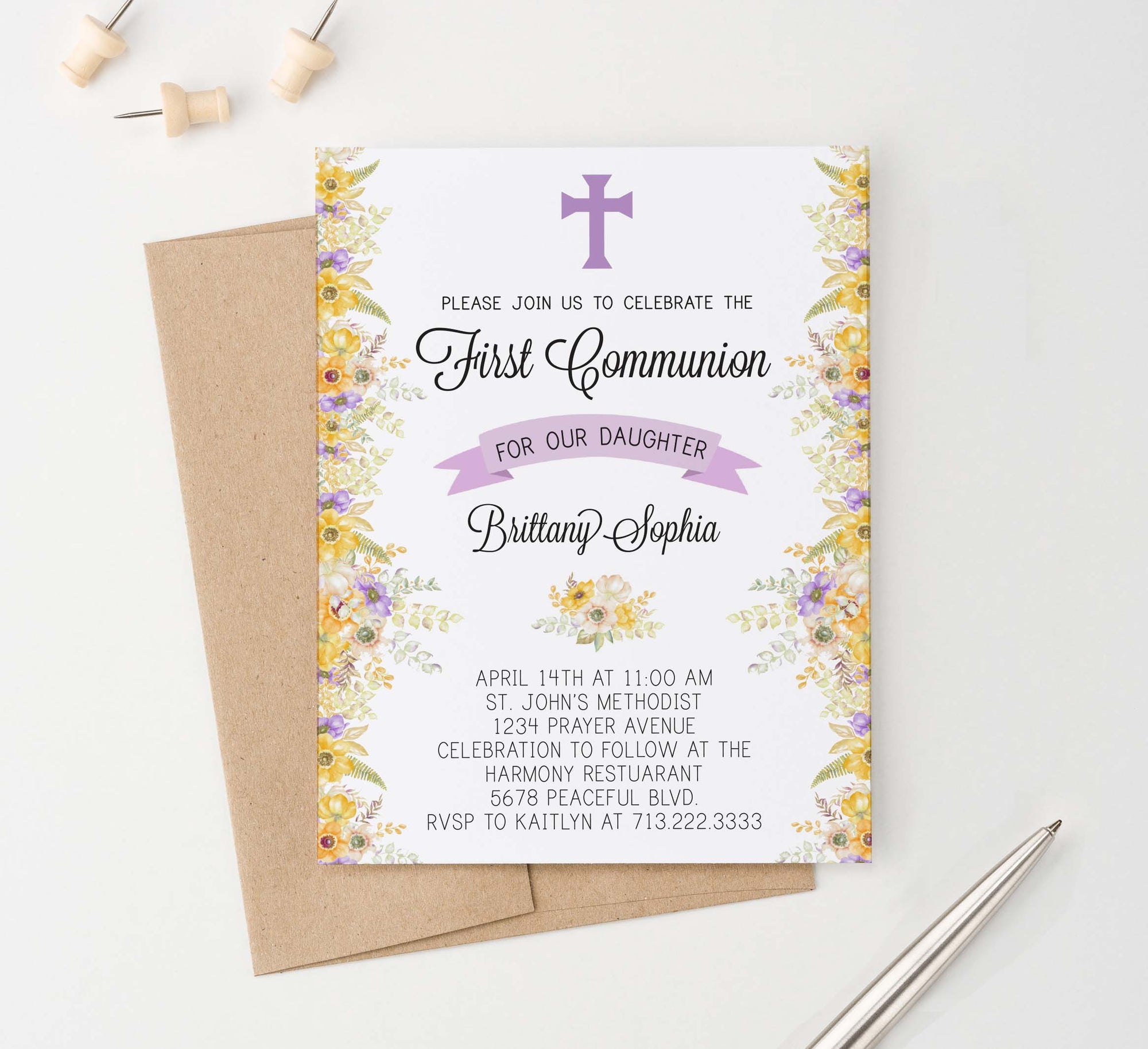 FCI014 personalized first communion invitations with yellow and purple florals flowers elegant 
