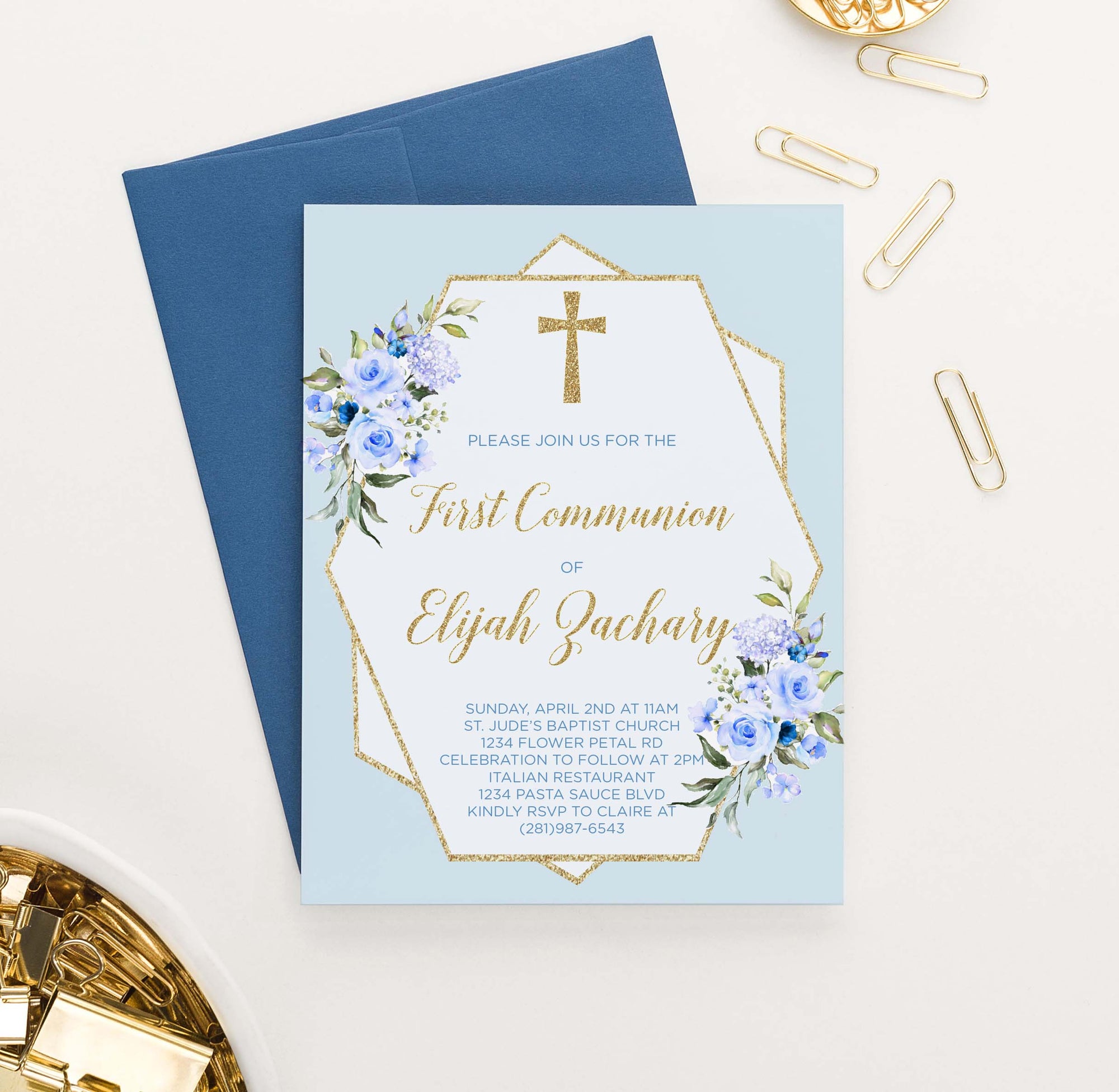 FCI018 boys blue and gold first communion invitations with florals cross glitter 1