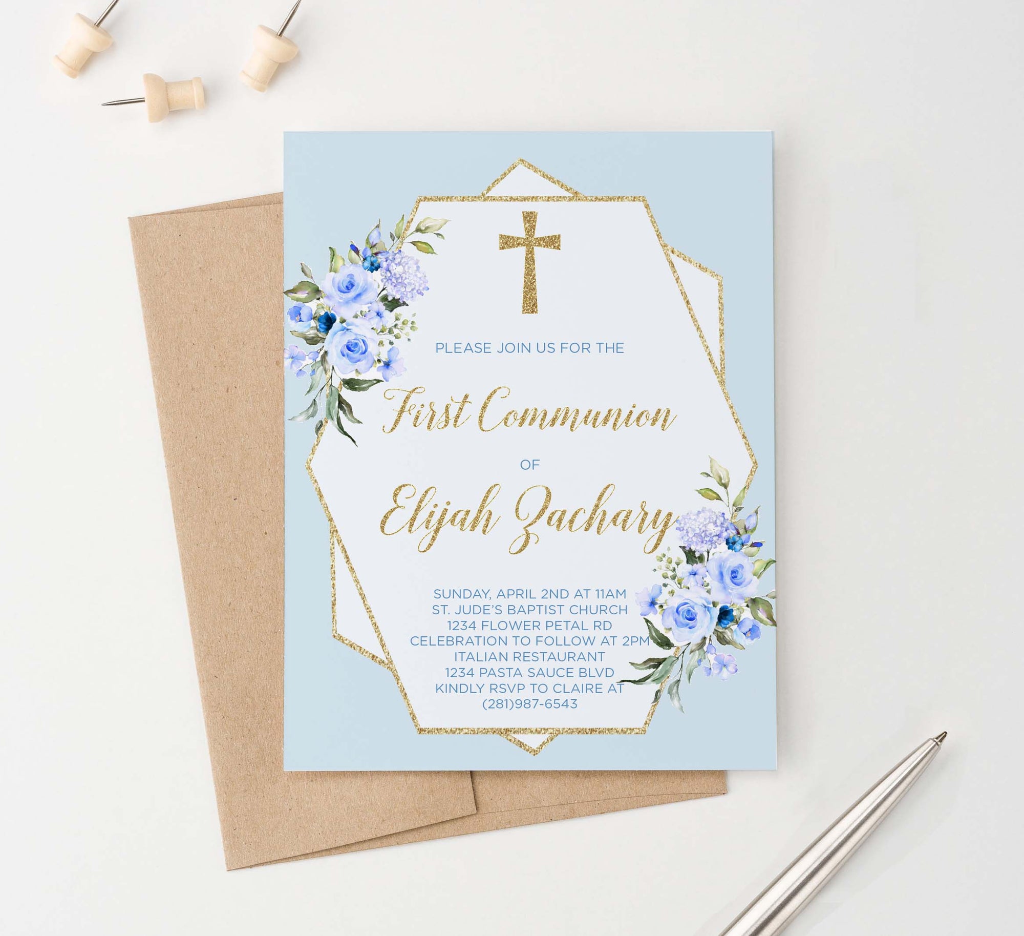 FCI018 boys blue and gold first communion invitations with florals cross glitter 1