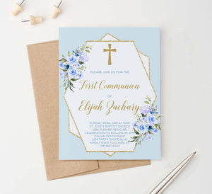 FCI018 boys blue and gold first communion invitations with florals cross glitter