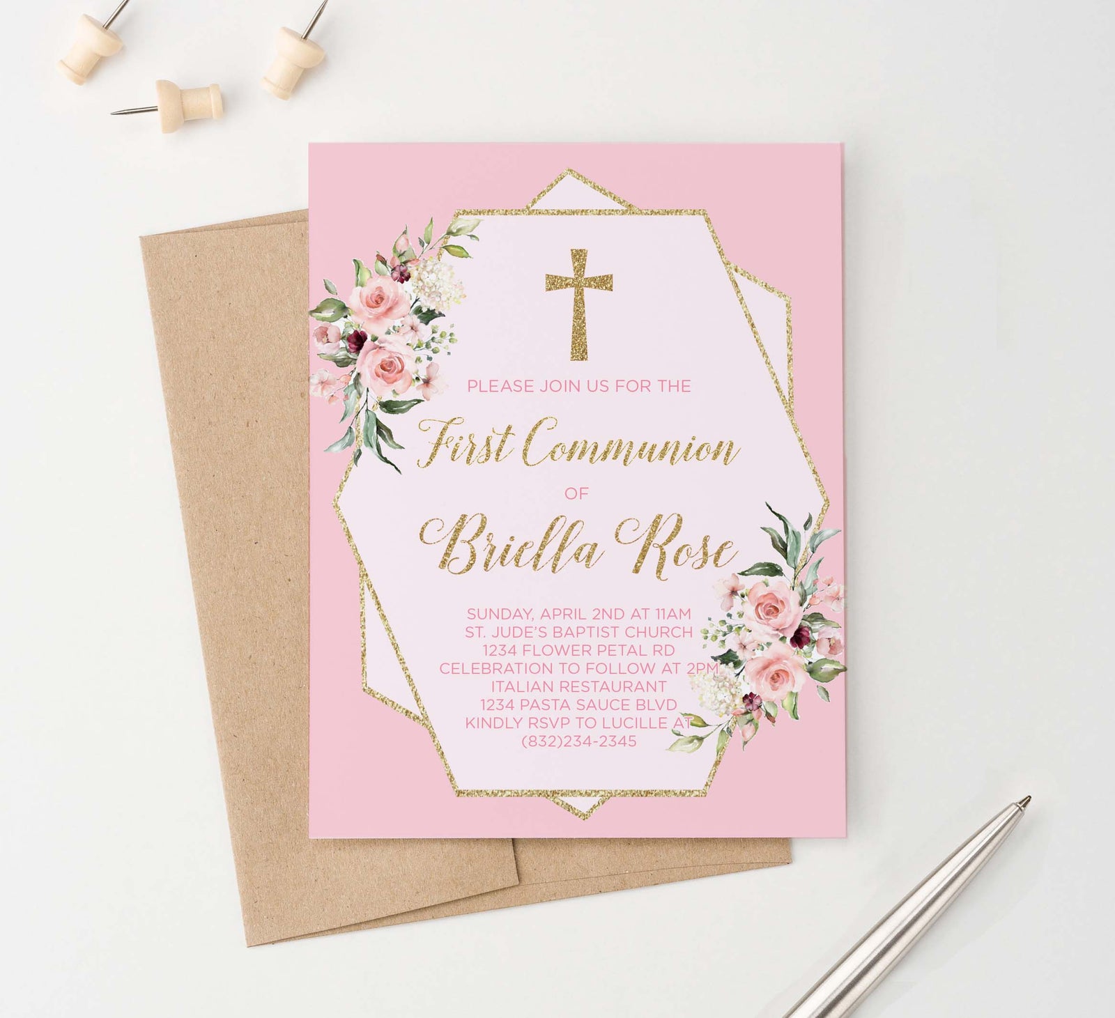 Pink And Gold Communion Invitations With Florals Personalized