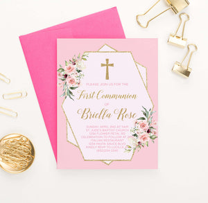 Pink And Gold Communion Invitations With Florals Personalized