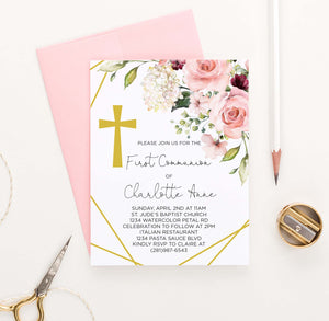 FCI029 elegant floral corner first communion invitations personalized cross gold lines 1