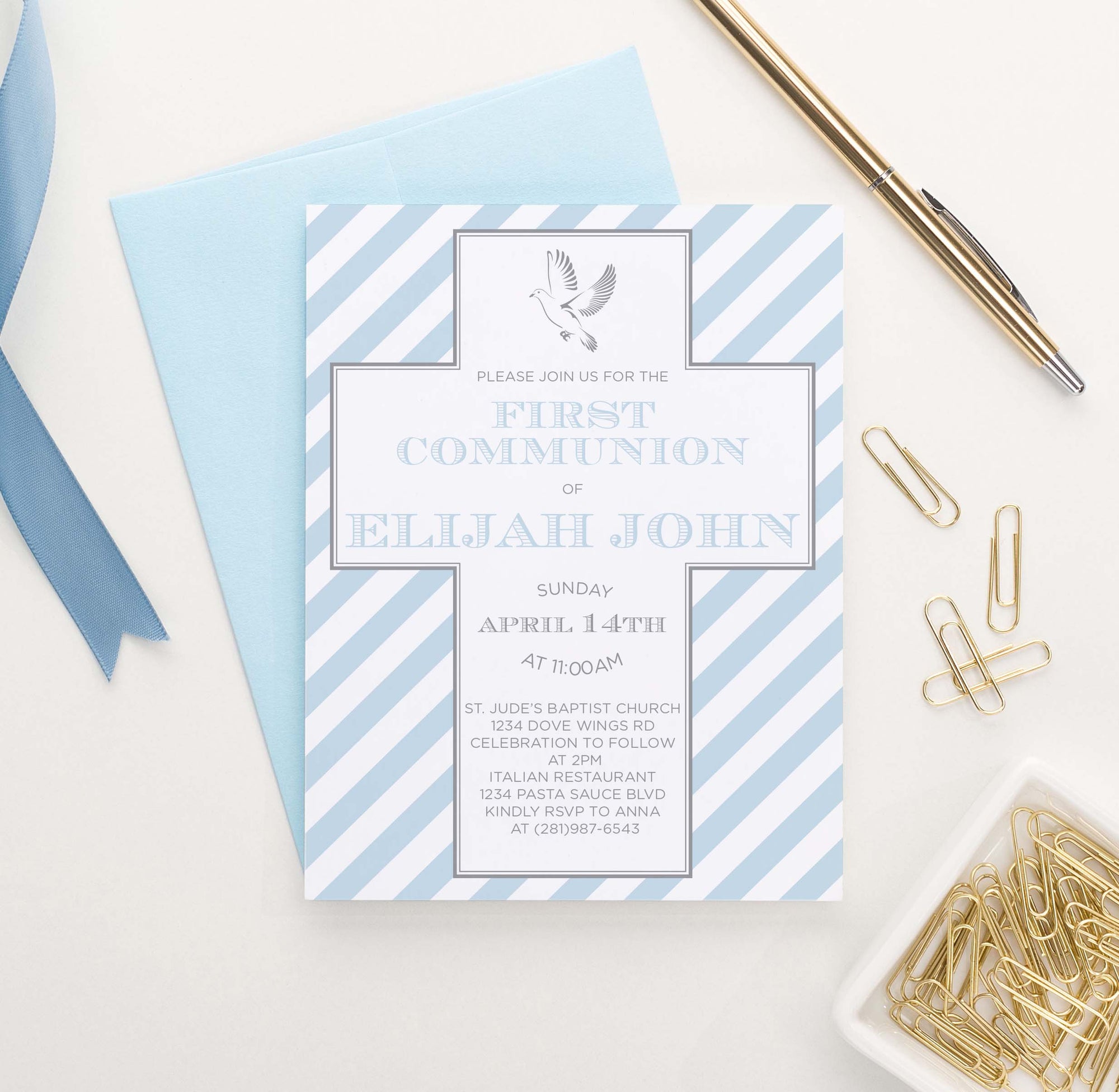 FCI036 personalized first communion invitations with blue stripes simple cross dove 1