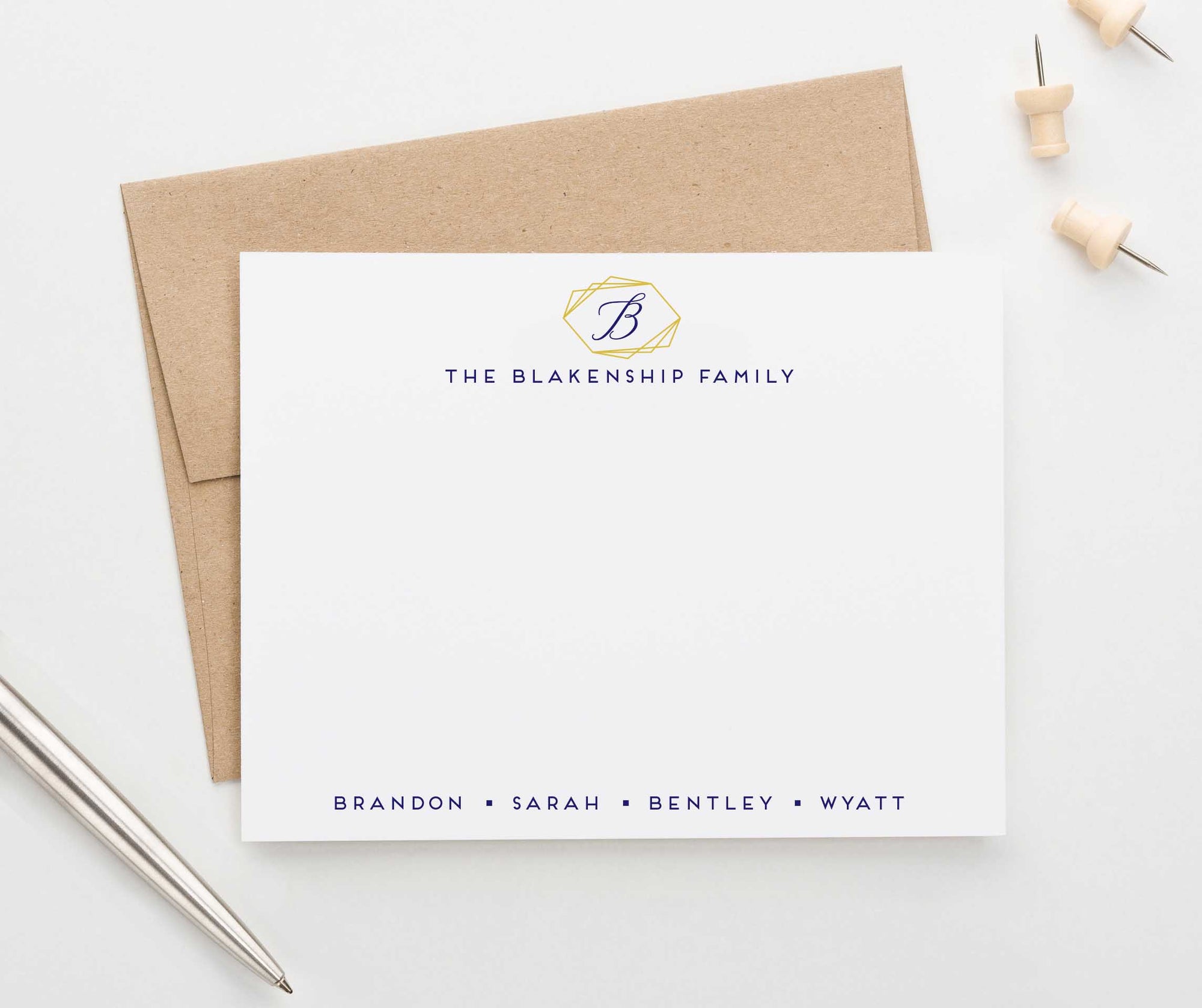 FS017 initial with family name stationery for couples with gold geometric shape personalized 1