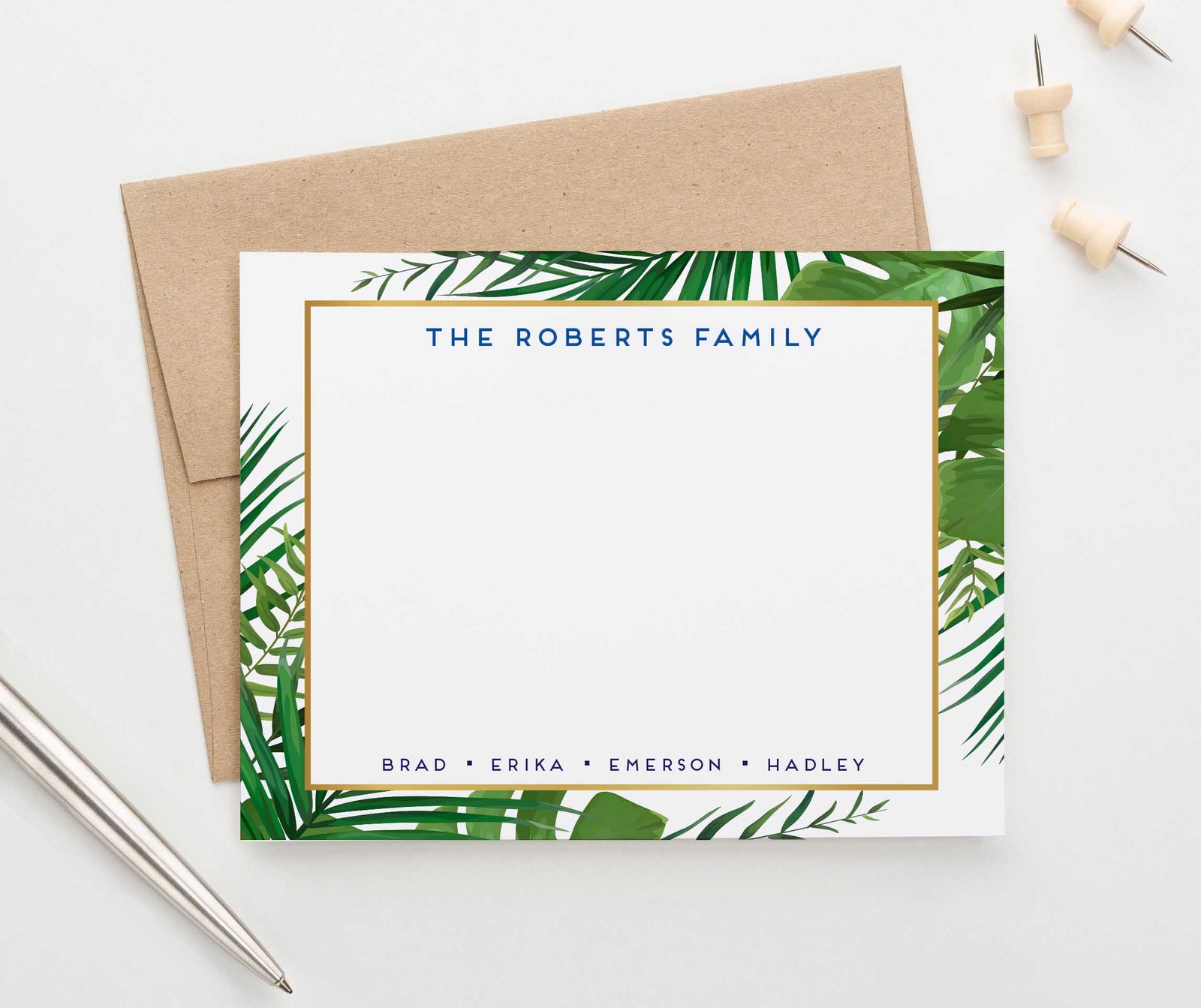 FS024 personalized palm tree border family stationary set couples greenery green gold 2